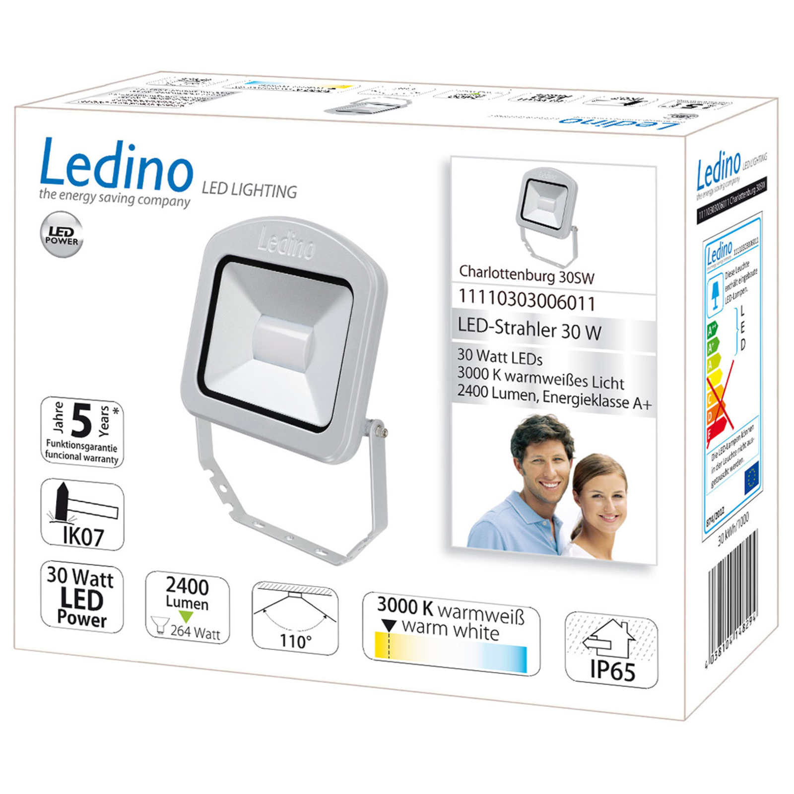 Ledino Charlottenburg LED spotlight silver 30 W 3,000 K, die-cast aluminium, security glass, 30 W, energy efficiency: A+, W: 23.5 cm, H: 28.4 cm