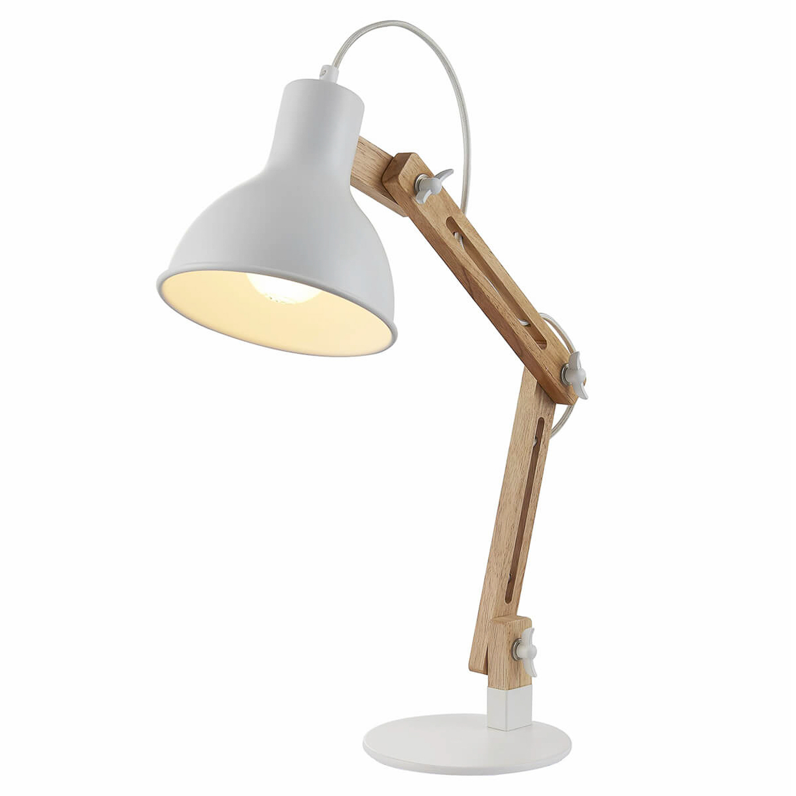 Træ-skrivebordslampe Shivanja hvid skærm | Lampegiganten.dk