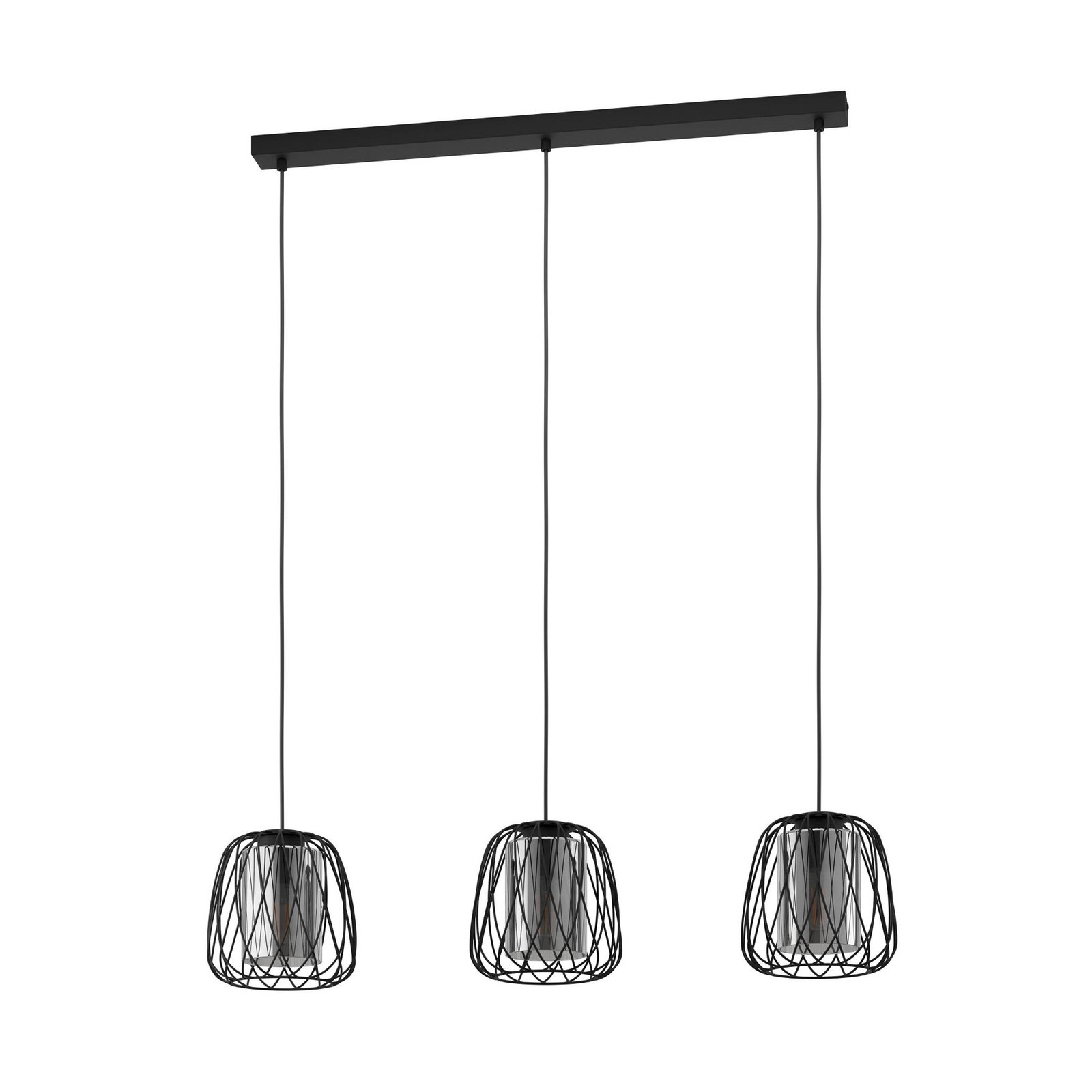 Floresta hanging light, black, length 89 cm, steel/glass, 3-bulb