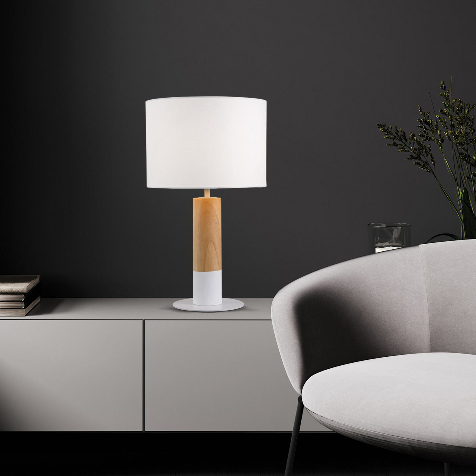 Carroll table lamp, light wood/white, height 43 cm, fabric