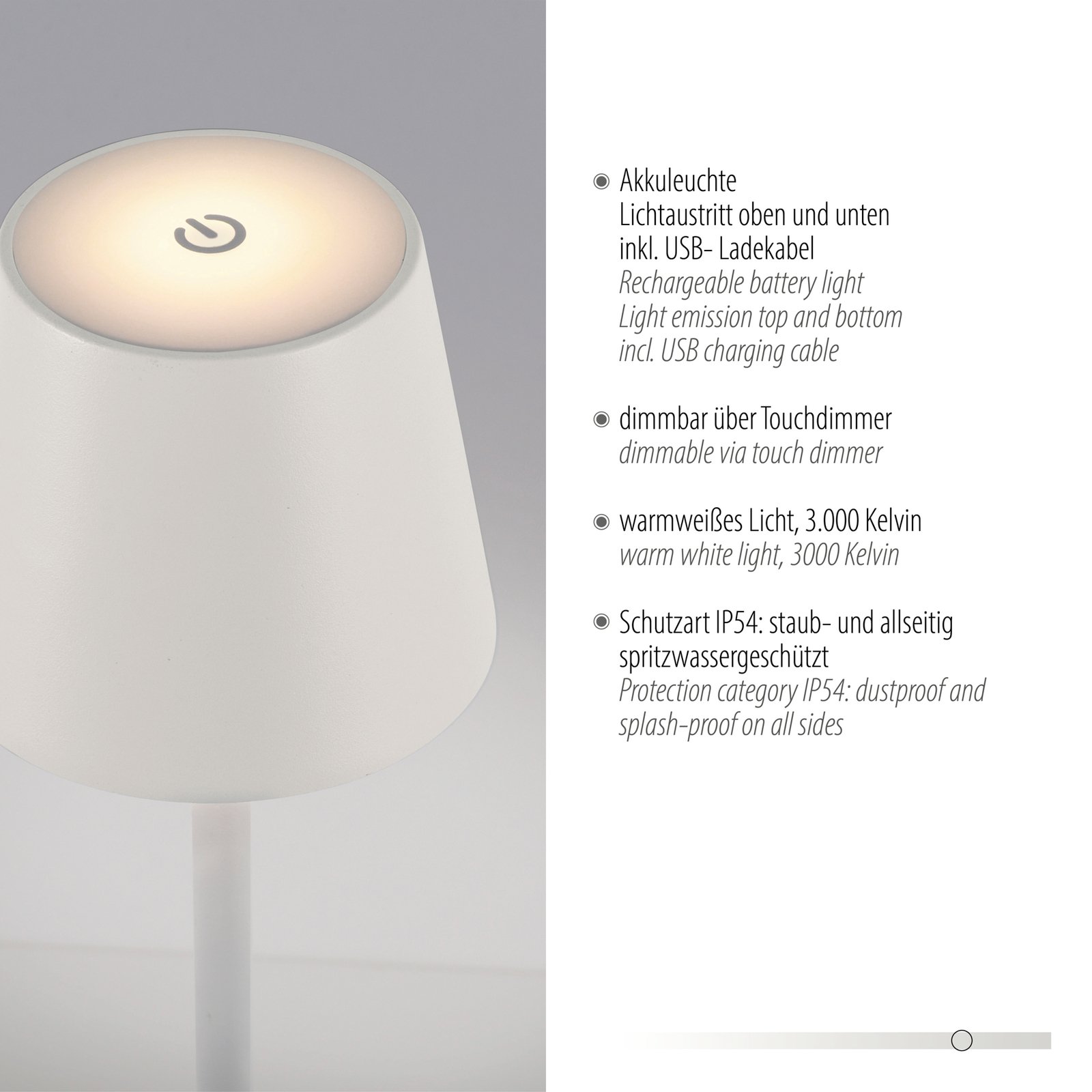 JUST LIGHT. Lampe sur pied LED rechargeable Euria, blanc, fer, IP54