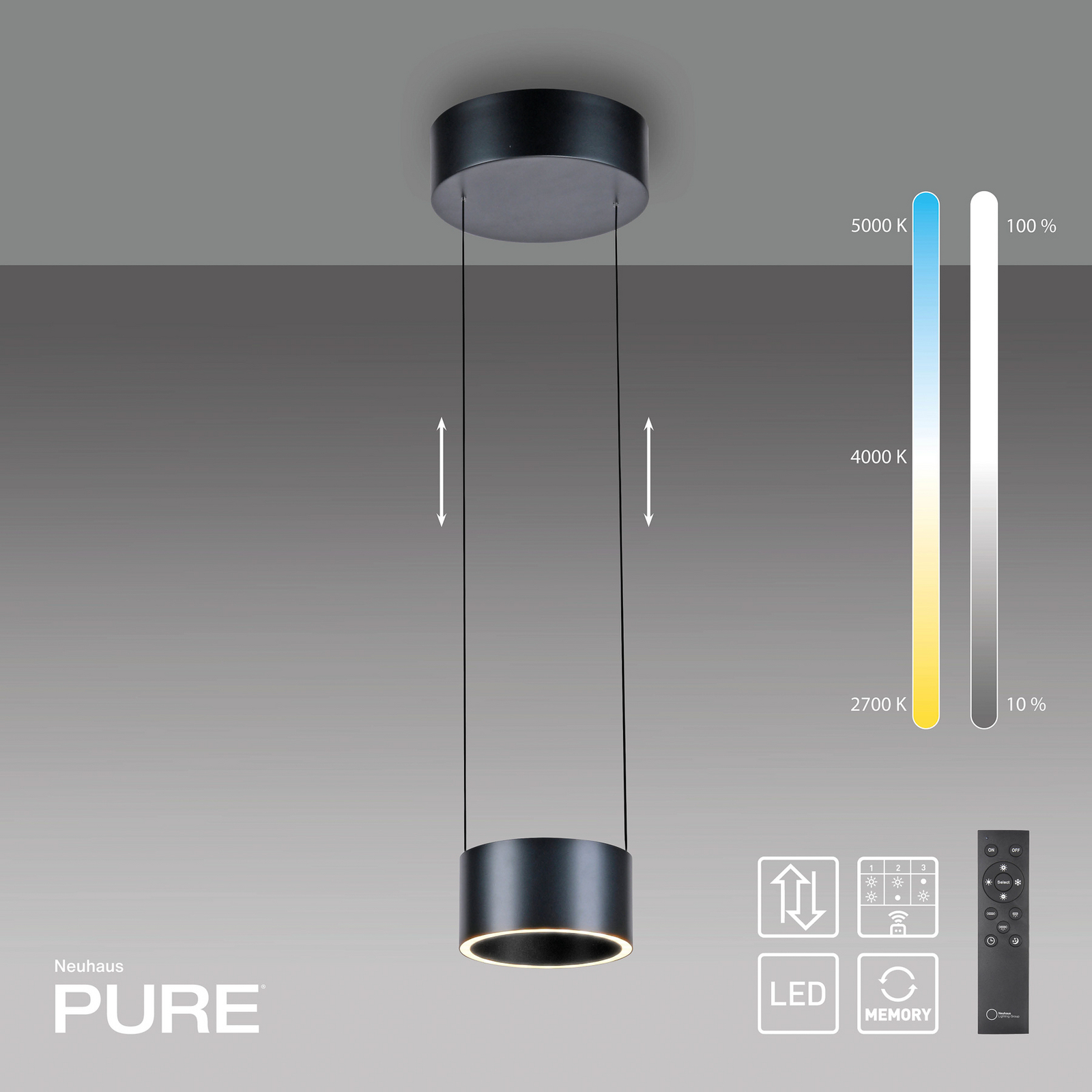 PURE LED-Pendellampe Clipse, grau, Ø 20 cm CCT Dimmer 2-flg