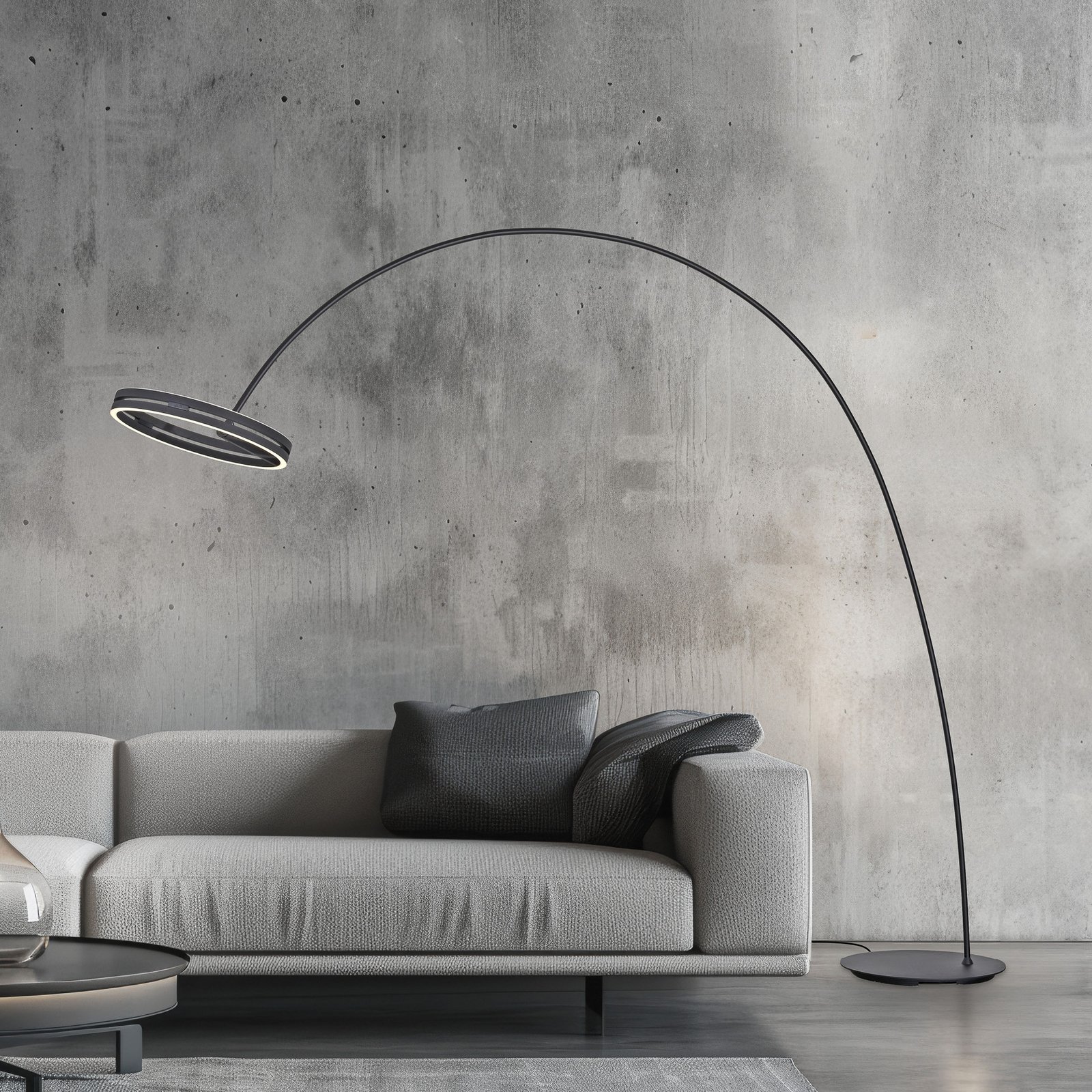 PURE LED stojací lampa Loop-Bow, černá, dosah 290 cm, CCT