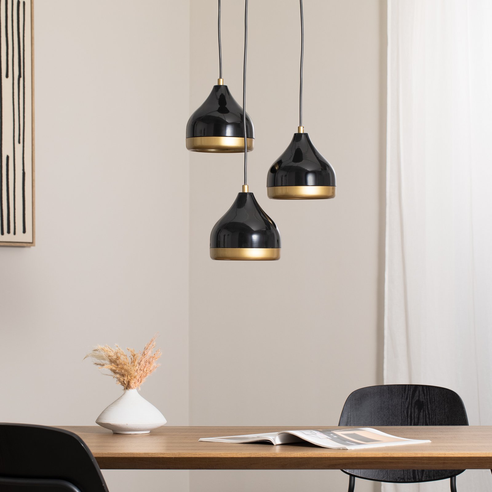 Hengelampe Yildo, 3 lyskilder, svart/gull, rund, Ø37 cm