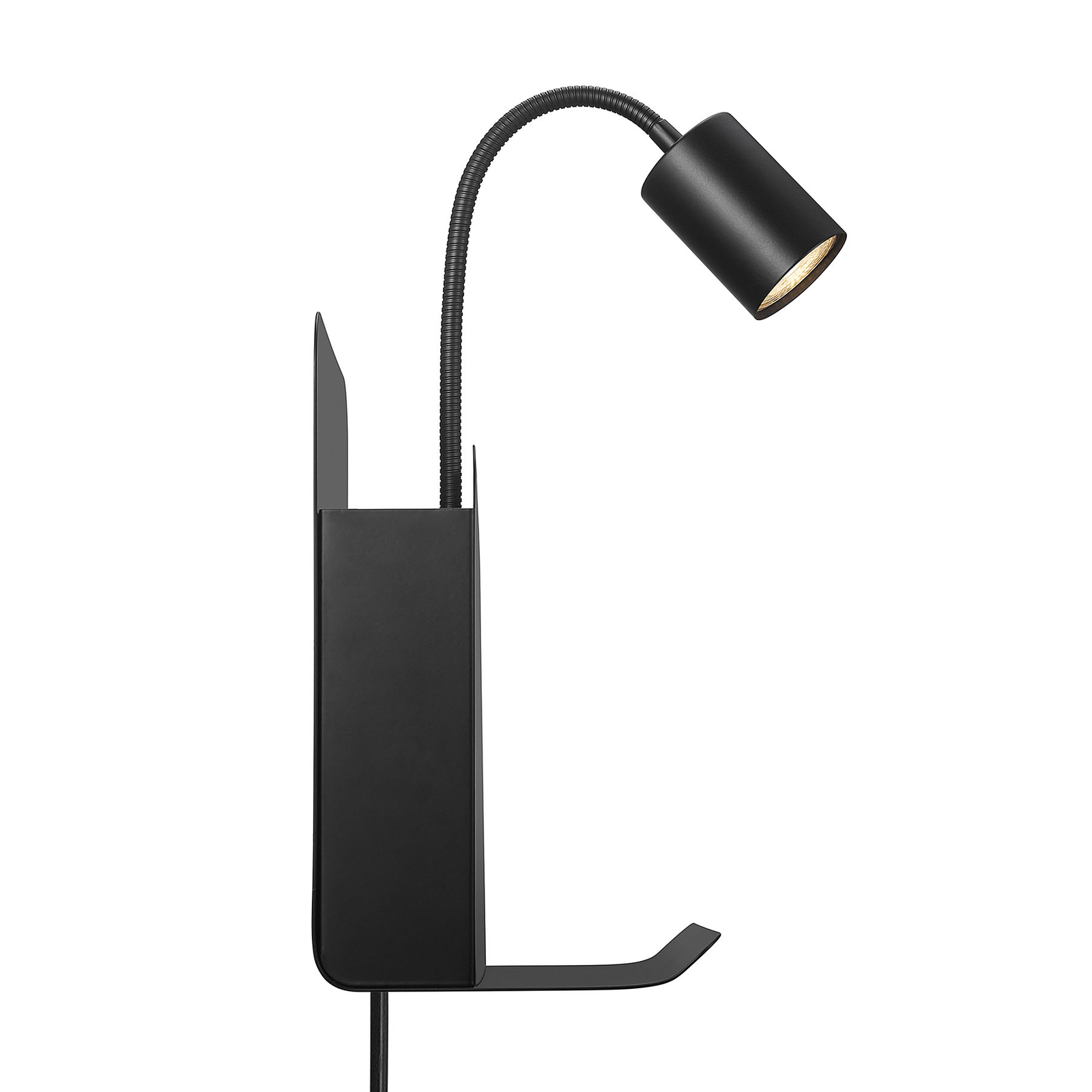 Romi fali lámpa polccal és USB-vel, fekete