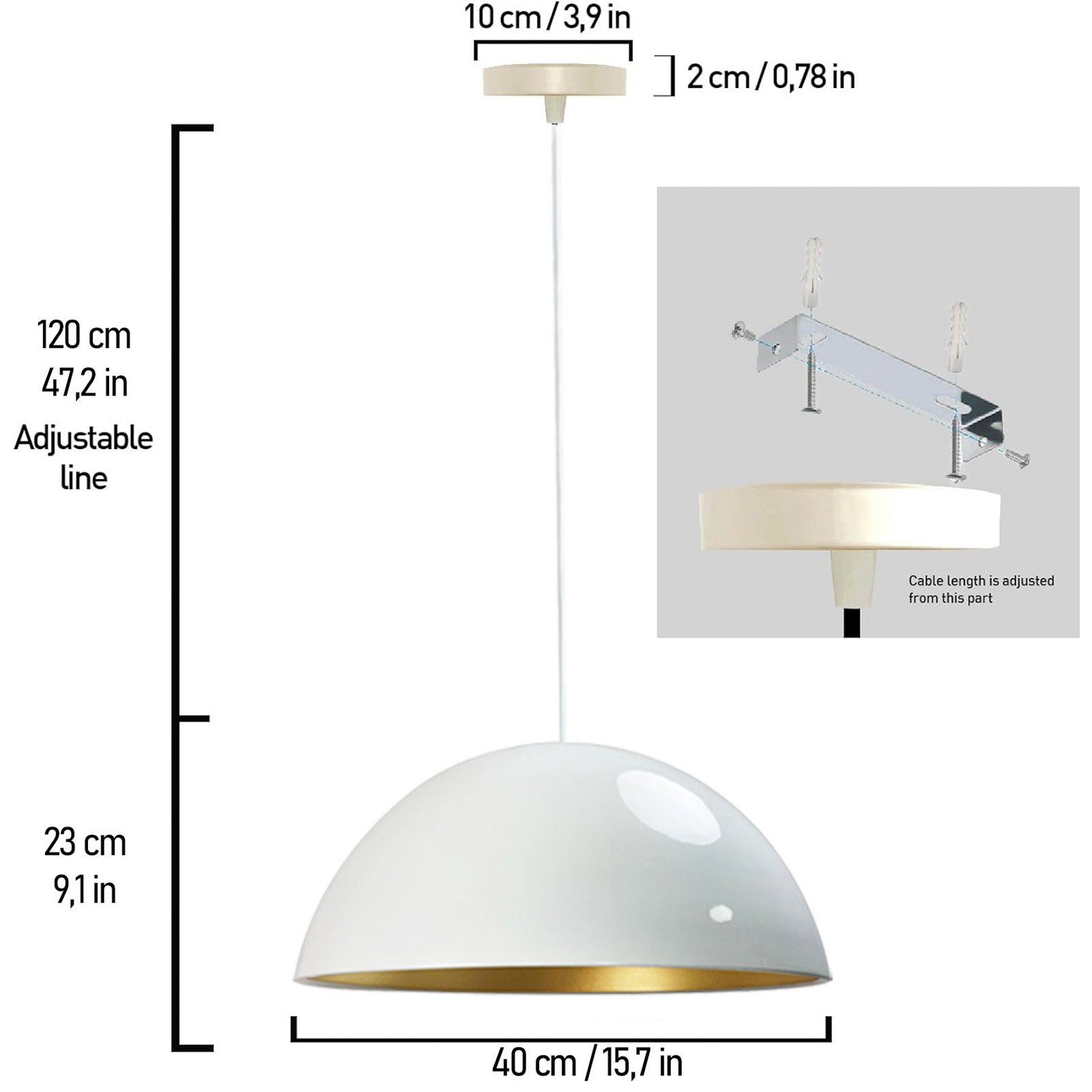 Lipeo pendant light, white/gold, Ø 40 cm, metal, E27