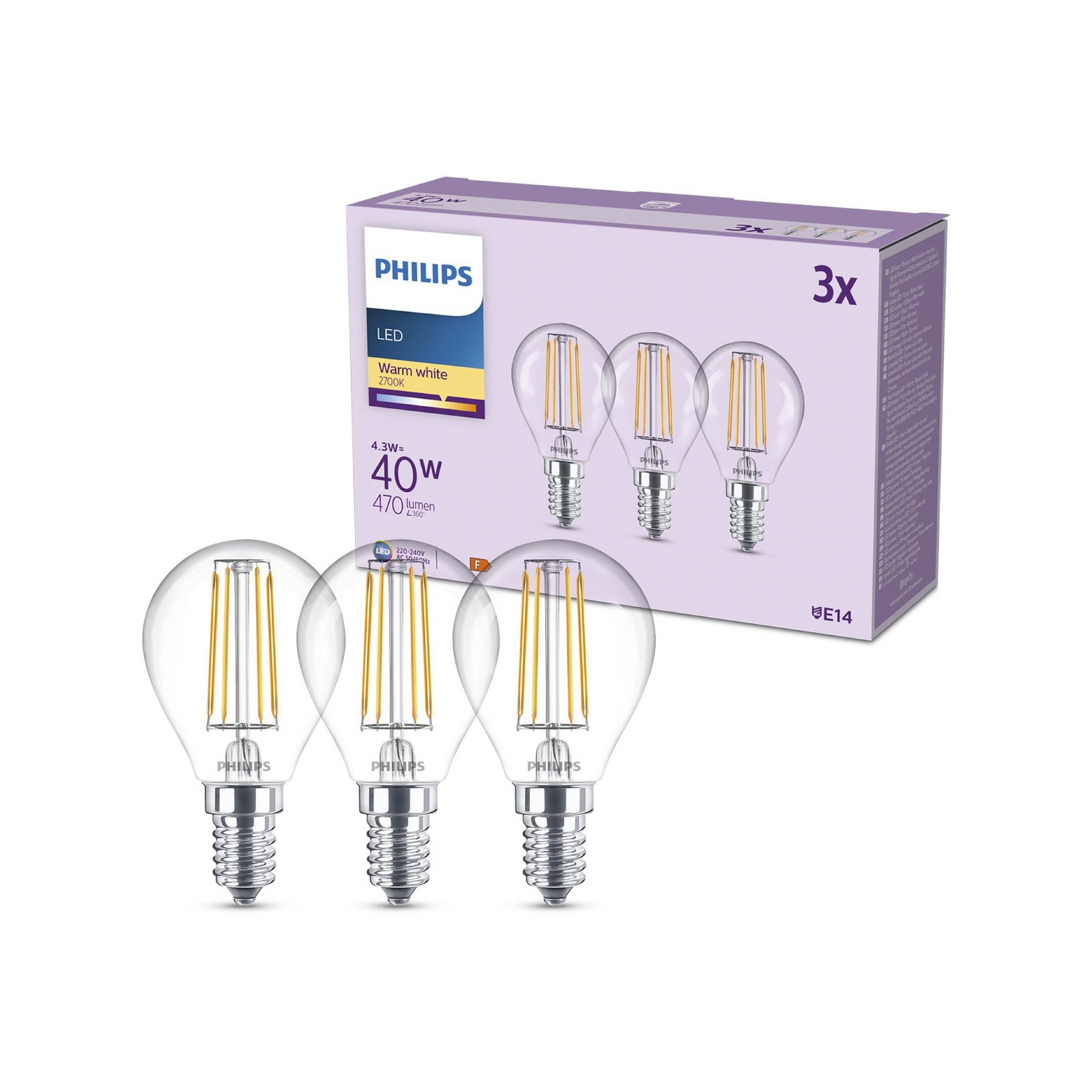 Philips LED-pære E14 P45 4,3W 470lm 2700K filament 3-pak
