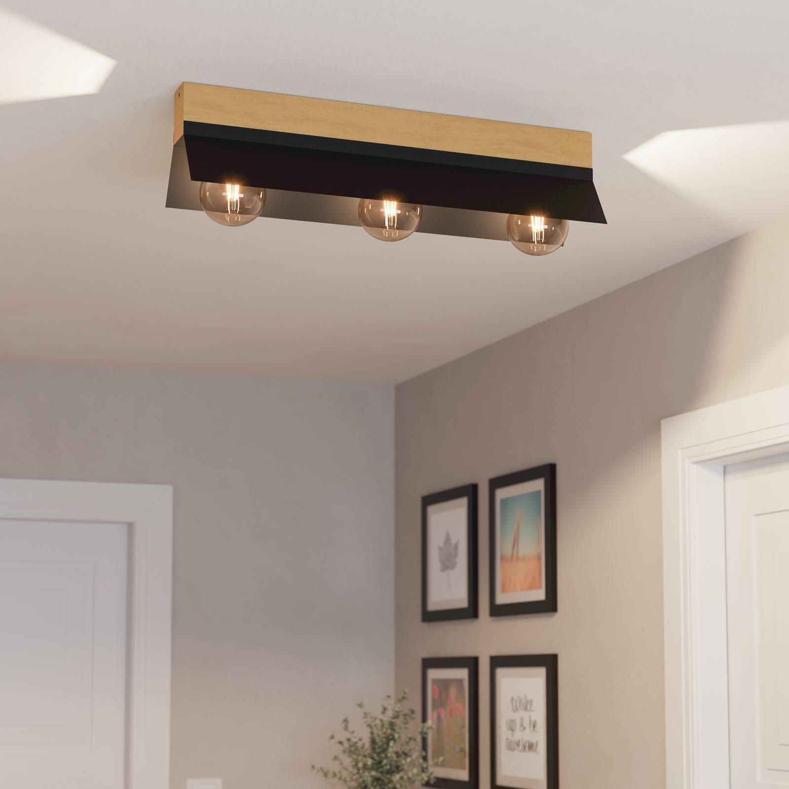 Deckenlampe Tarrafo schwarz, holz natur, 3-flammig günstig online kaufen