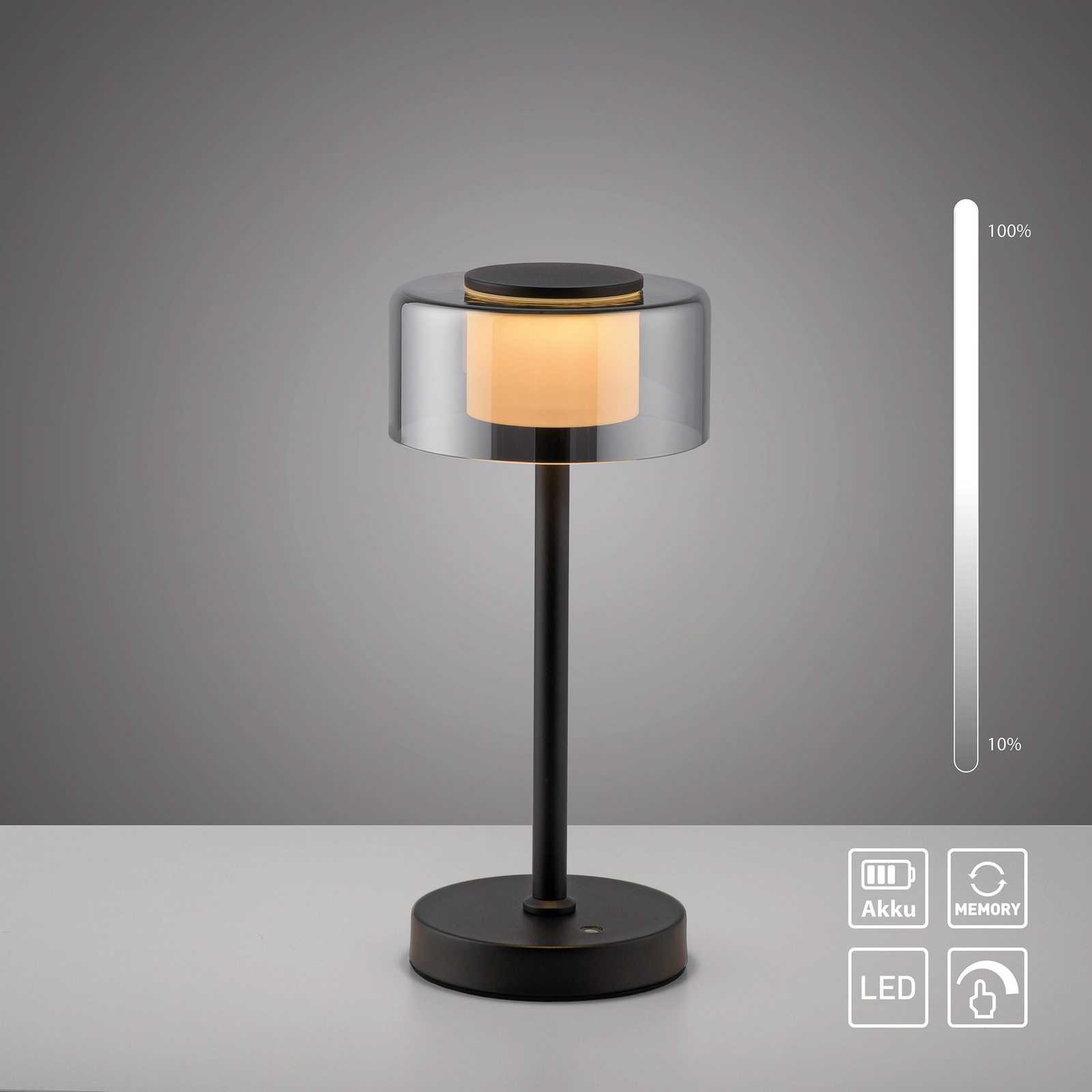 Lampa stołowa LED na akumulator RIKA, czarna, 33 cm, metal/szkło, regulacja