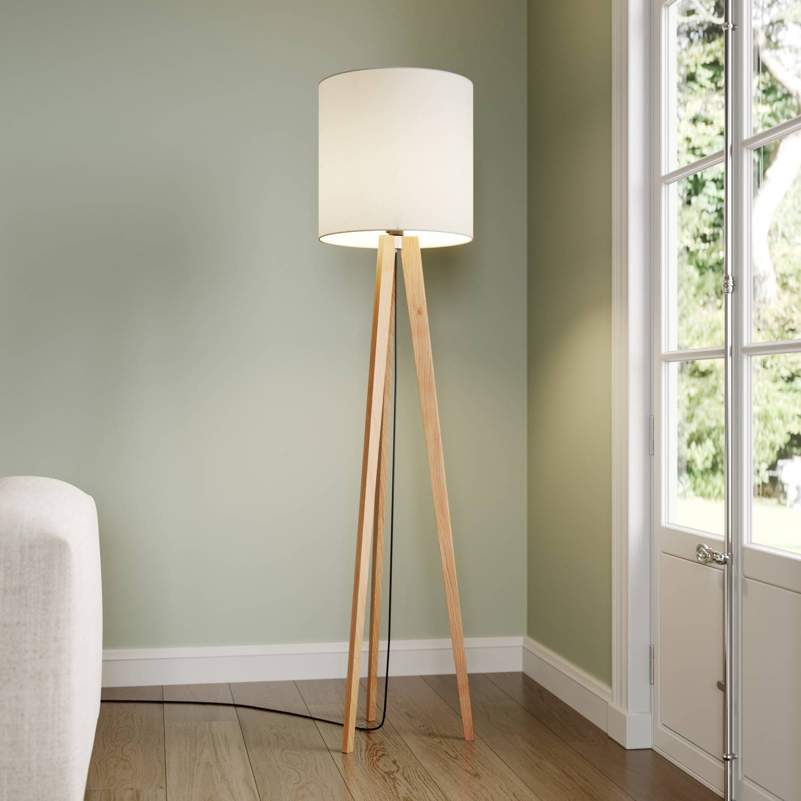 Quitani lampe sur pied Nida structure en bois abat-jour blanc