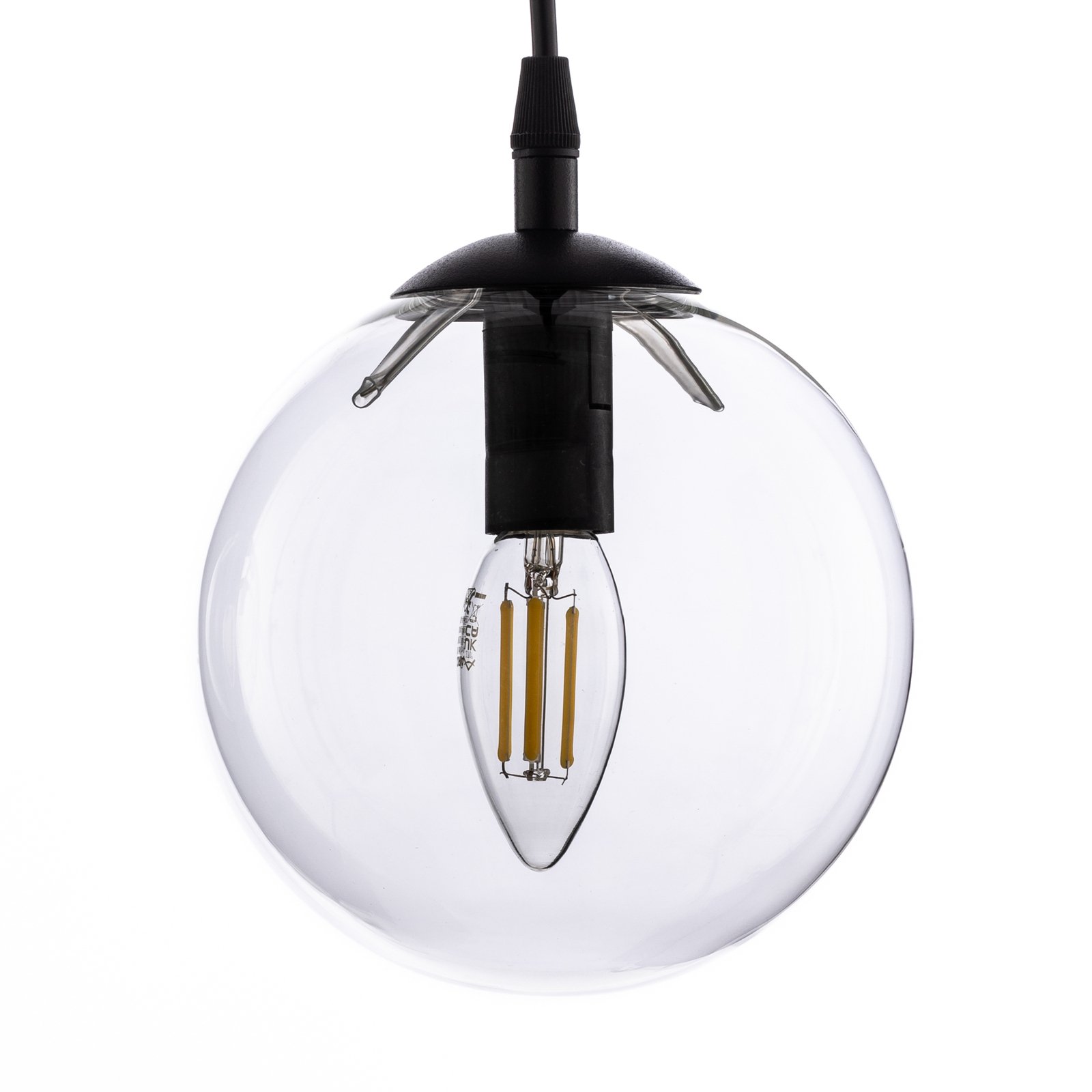 Glassy pendant light, 3-bulb, straight, black, clear, glass