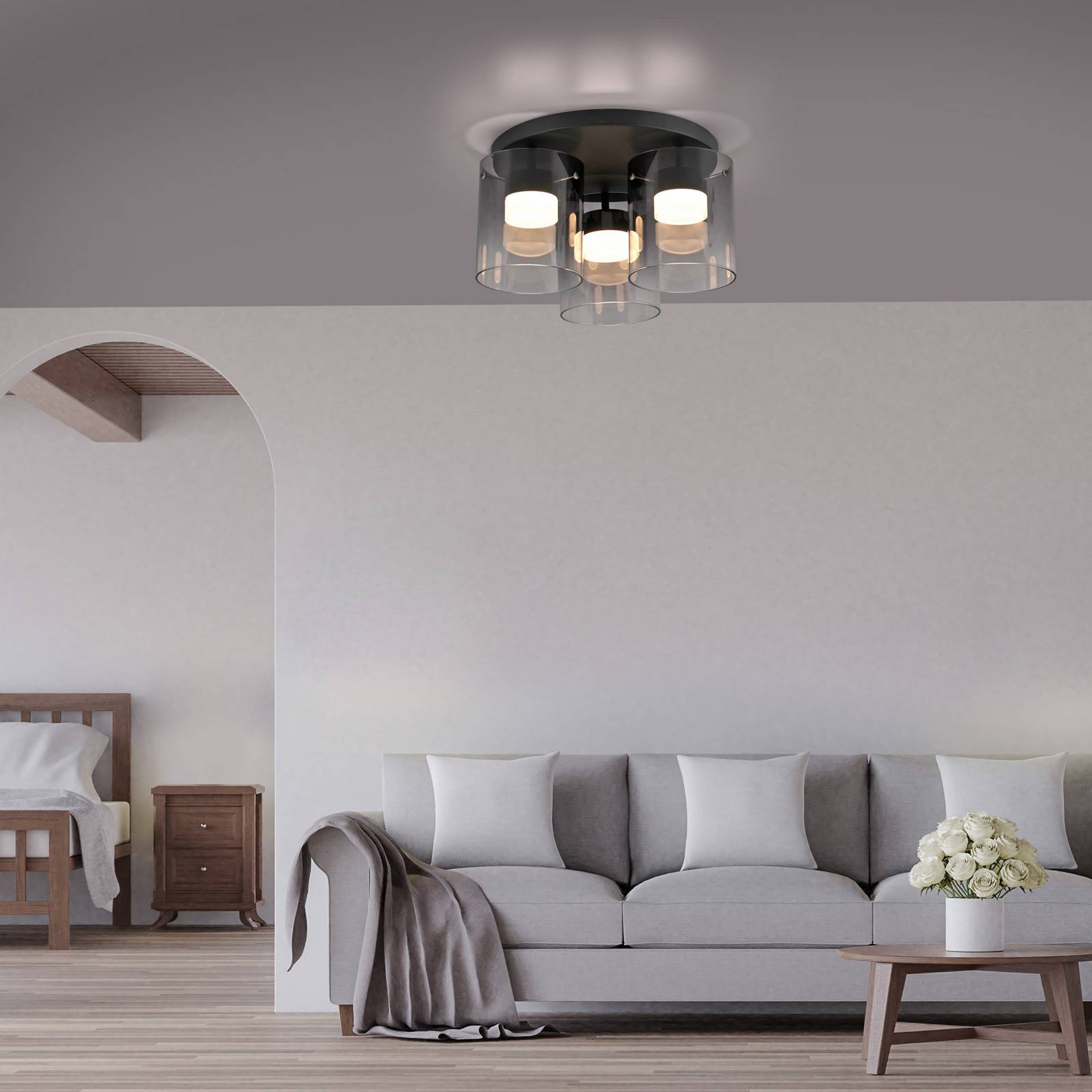 JUST LIGHT. LED-Deckenlampe Elio Rauchglas, 3-fl., schwarz günstig online kaufen