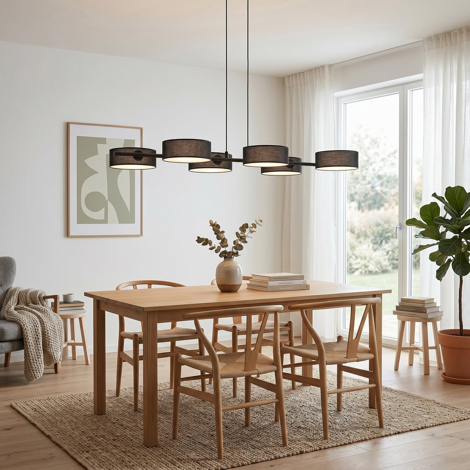 Hanglamp DRUMZ, zwart, lengte 100 cm, 6-lamps, textiel, E14 Hanglamp DRUMZ, zwart, lengte 100 cm, 6-lamps, textiel, E14