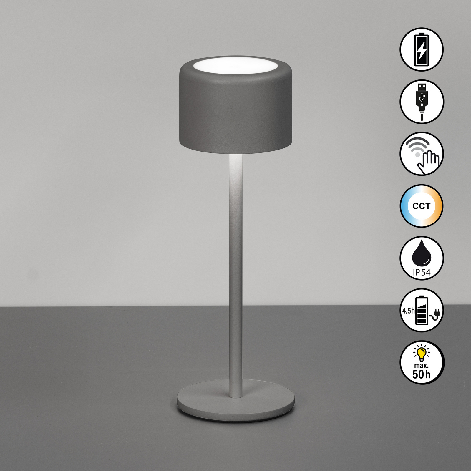 LED-Akku-Tischlampe Juna, sandgrau Höhe 25 cm Metall, IP54