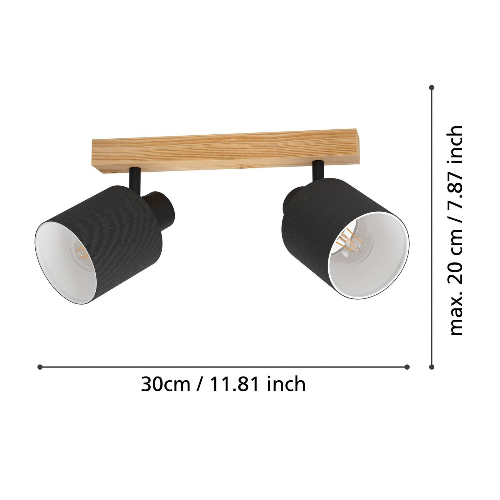 Spot pour plafond Batallas, longueur 30 cm, noir/bois, à 2 lampes.