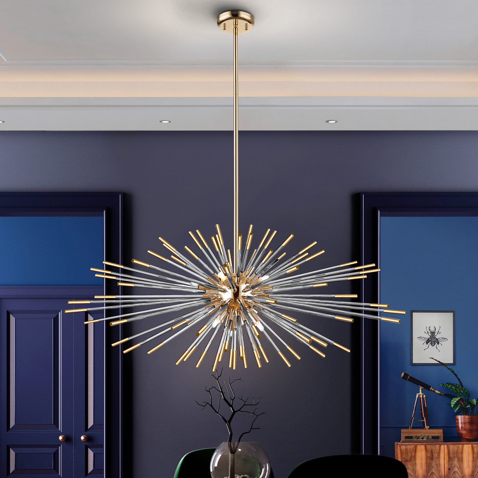 Lampada a sospensione Evasion, a 9 luci, oro, metallo, vetro, Ø 100cm