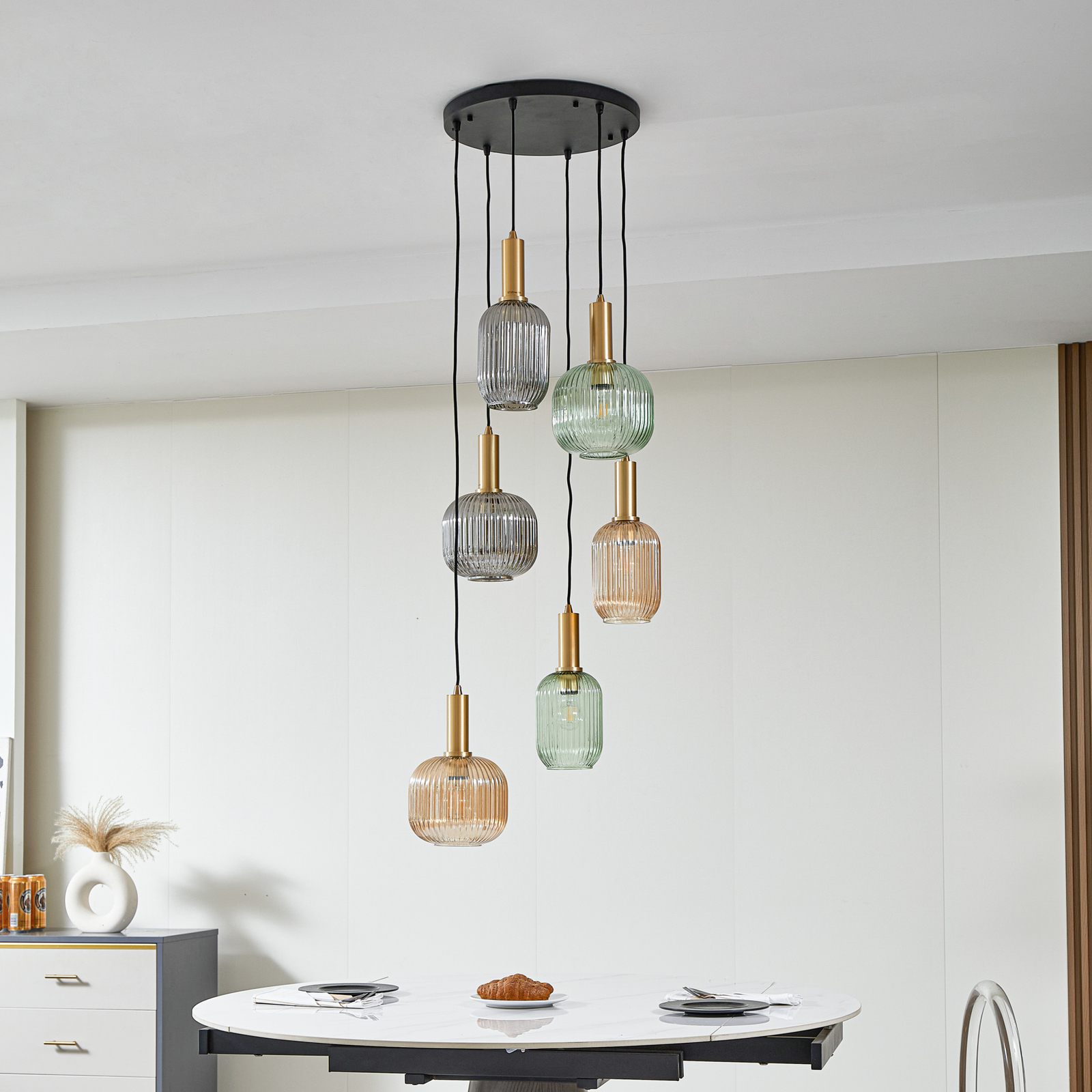 Lindby Doroteo pendant light, 6-bulb, green/amber/grey, glass