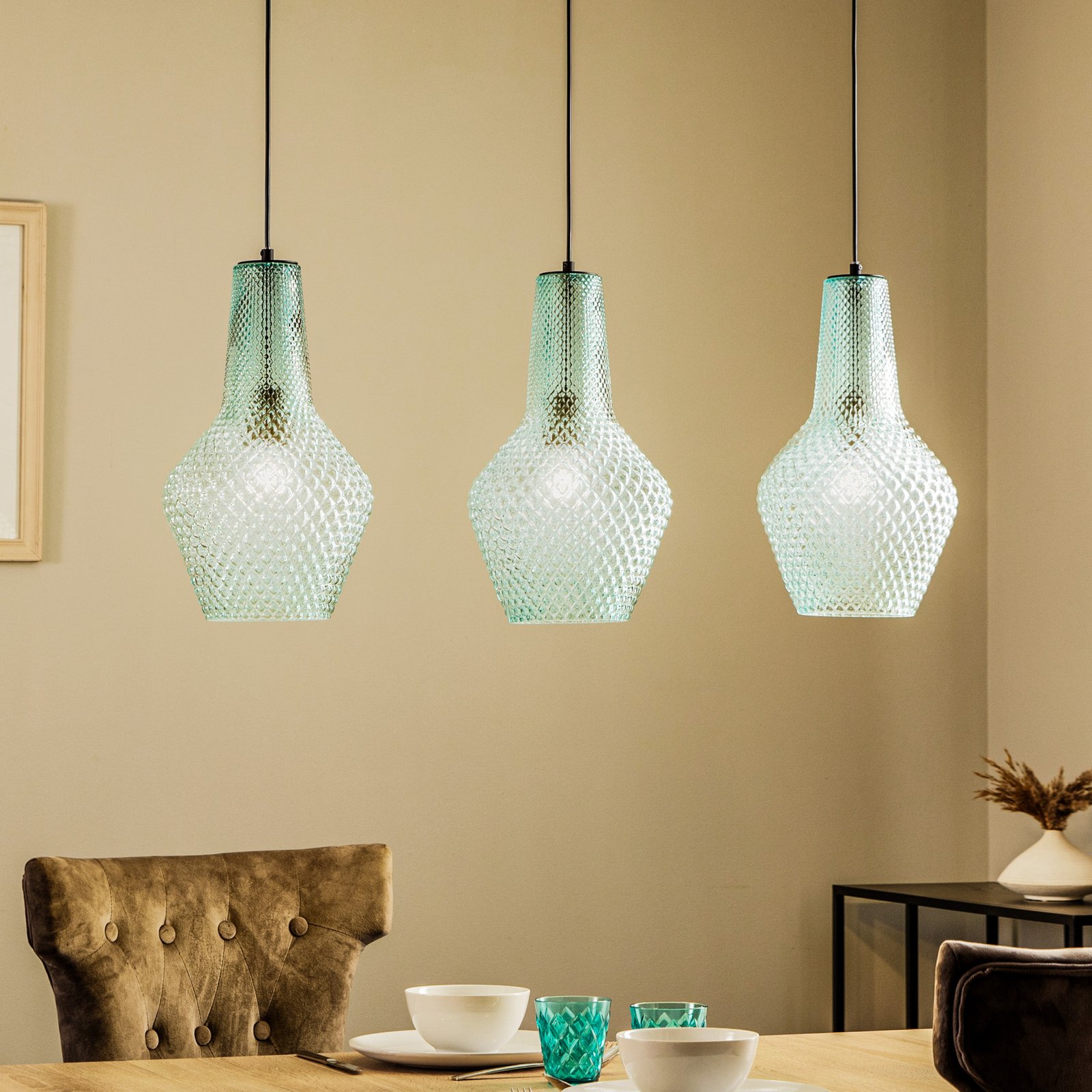 Lindby hanglamp Drakar, 3-lamps, lichtblauw, glas, Ø 25 cm