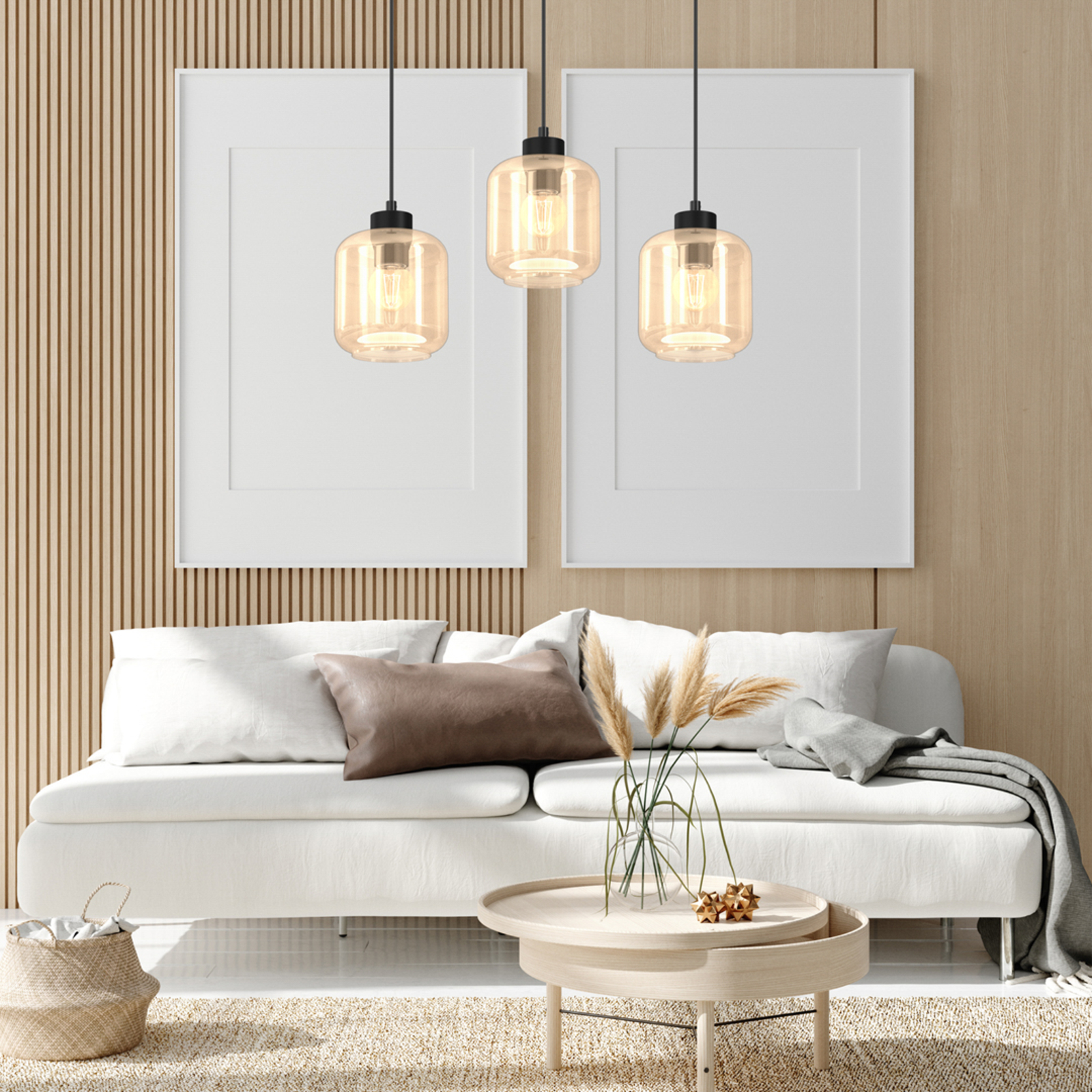 Hanglamp Sombra, amber, 3-lamps, langwerpig