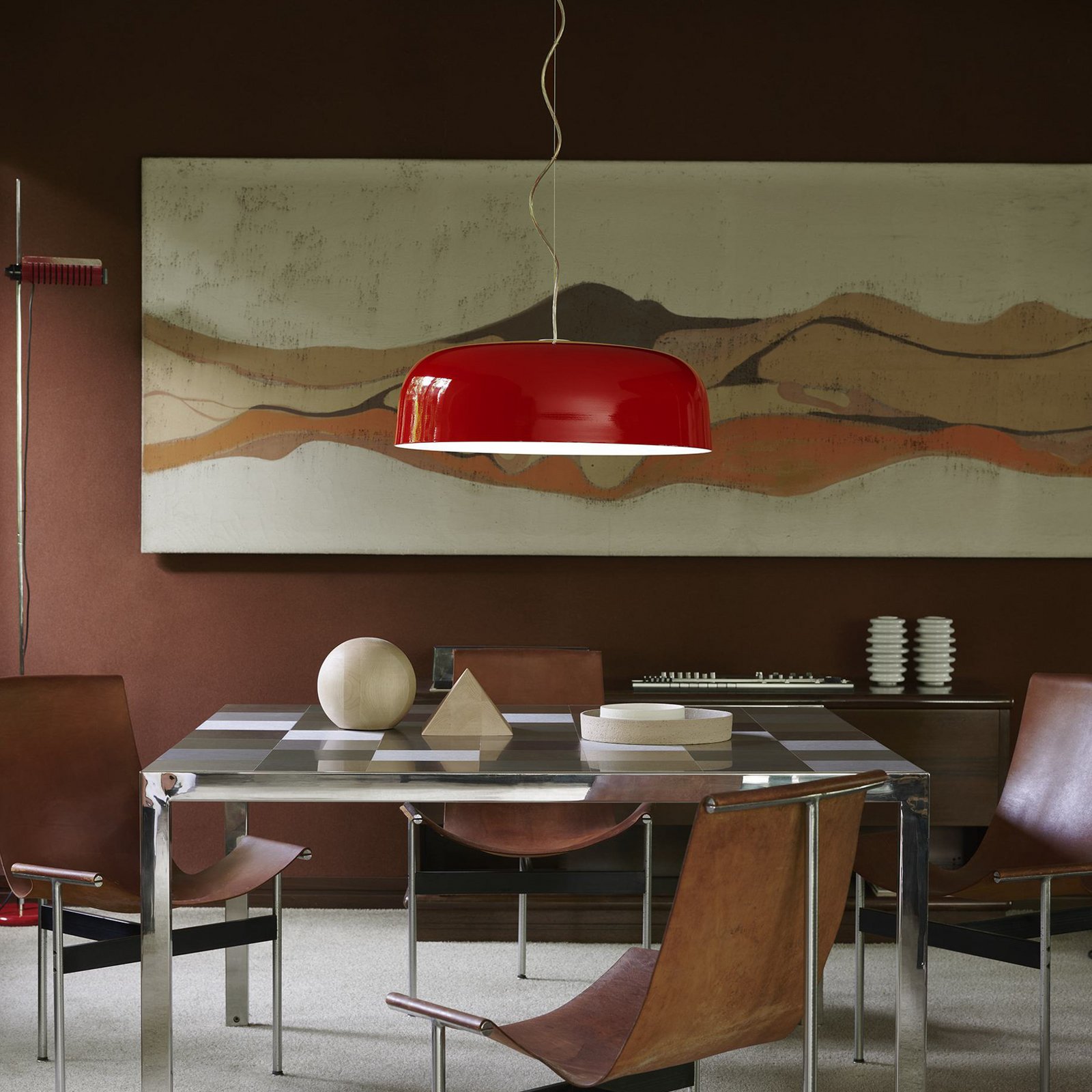 Oluce LED hanglamp Canopy, Ø 90 cm, rood, aluminium