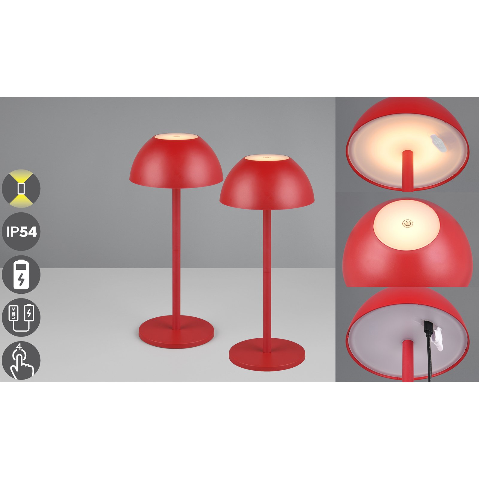 Ricardo LED namizna svetilka za polnjenje, rdeča, višina 30 cm, plastika