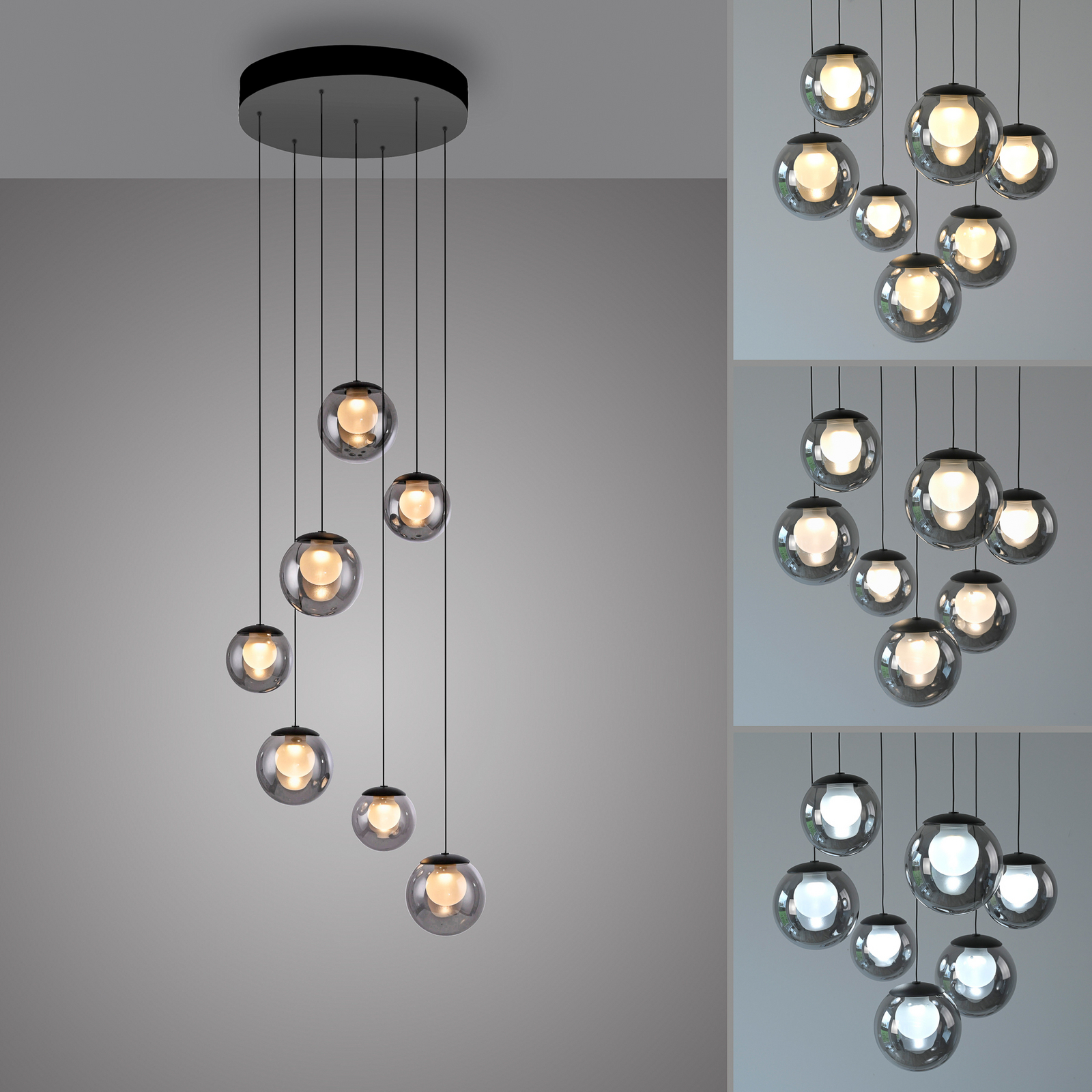 PURE LED-Hängelampe Popup, grau/rauchgrau, Ø 40 cm, 7-flg.