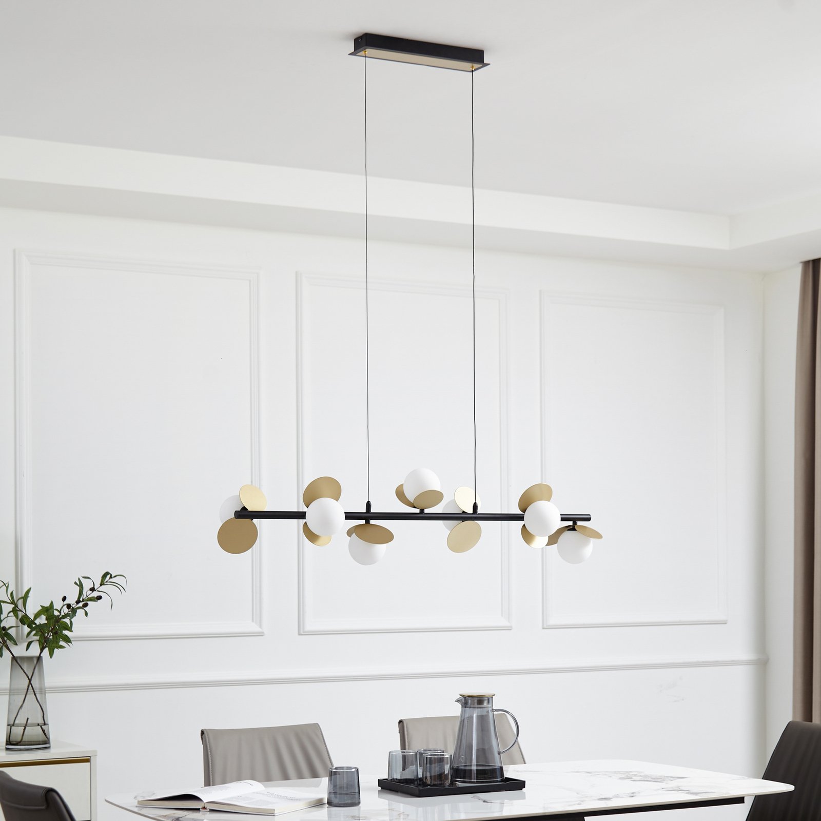 Lucande Pallo LED hanging light, linear, 7-bulb, black/gold