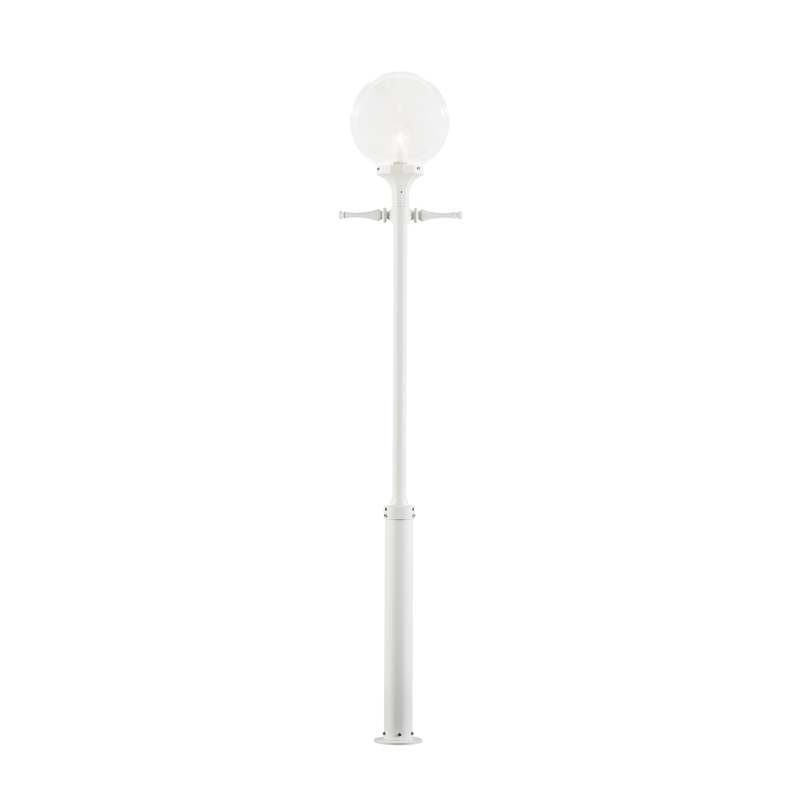 Orion lamp post, white, clear spherical lampshade