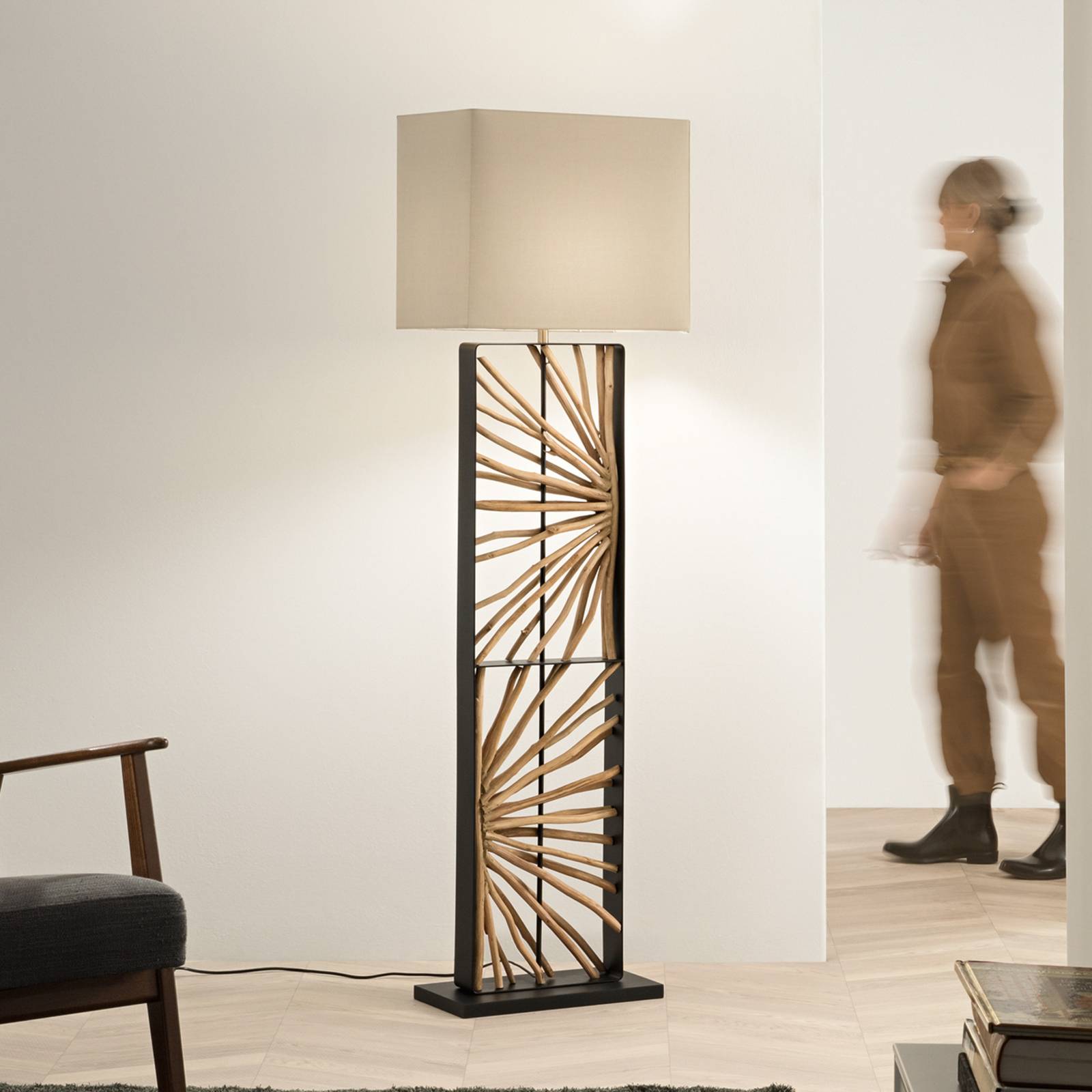 Luce Ambiente Design Lampadaire ETHERNAL noir/bois/blanc, hauteur 165 cm, bois/tissu