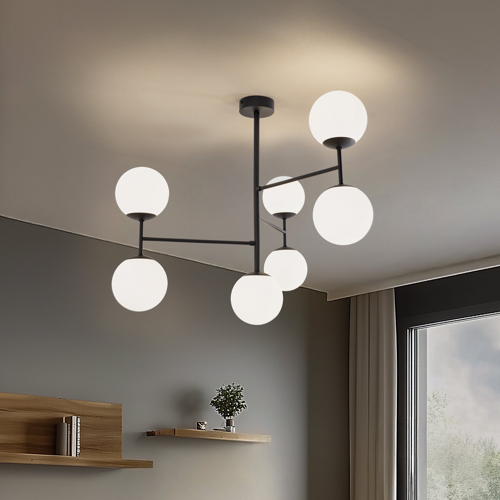 Lámpara de techo Korek, negro/blanco, cristal, 75 cm, 7 luces, E14