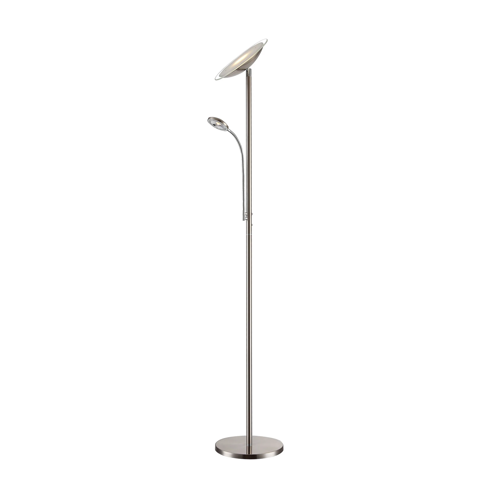 Lindby LED-Stehlamp Malea, νικέλιο, λάμπα ανάγνωσης, ρυθμιζόμενη ένταση φωτισμού