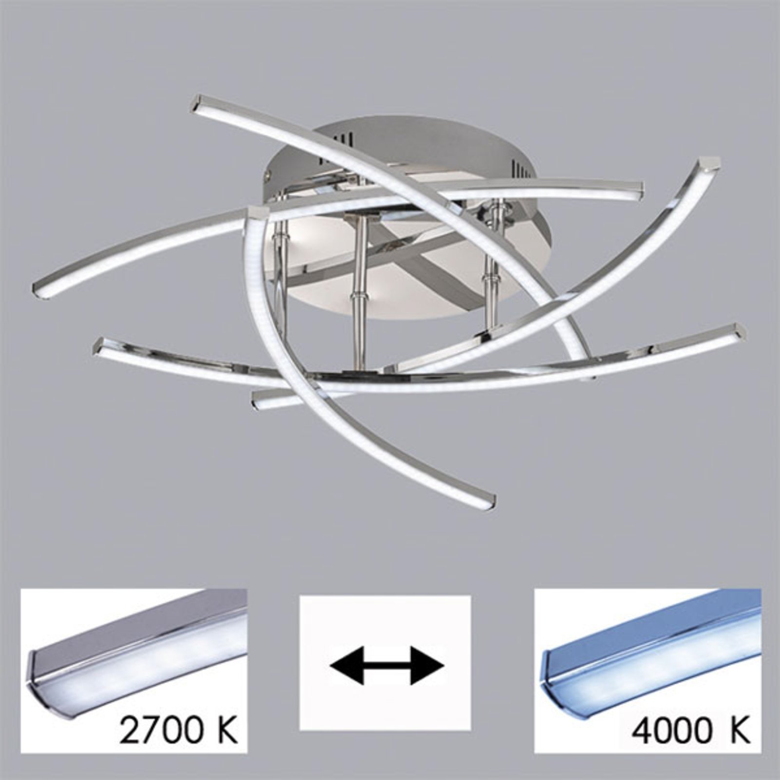 Plafoniera LED Cross tunable white, 5 luci cromo