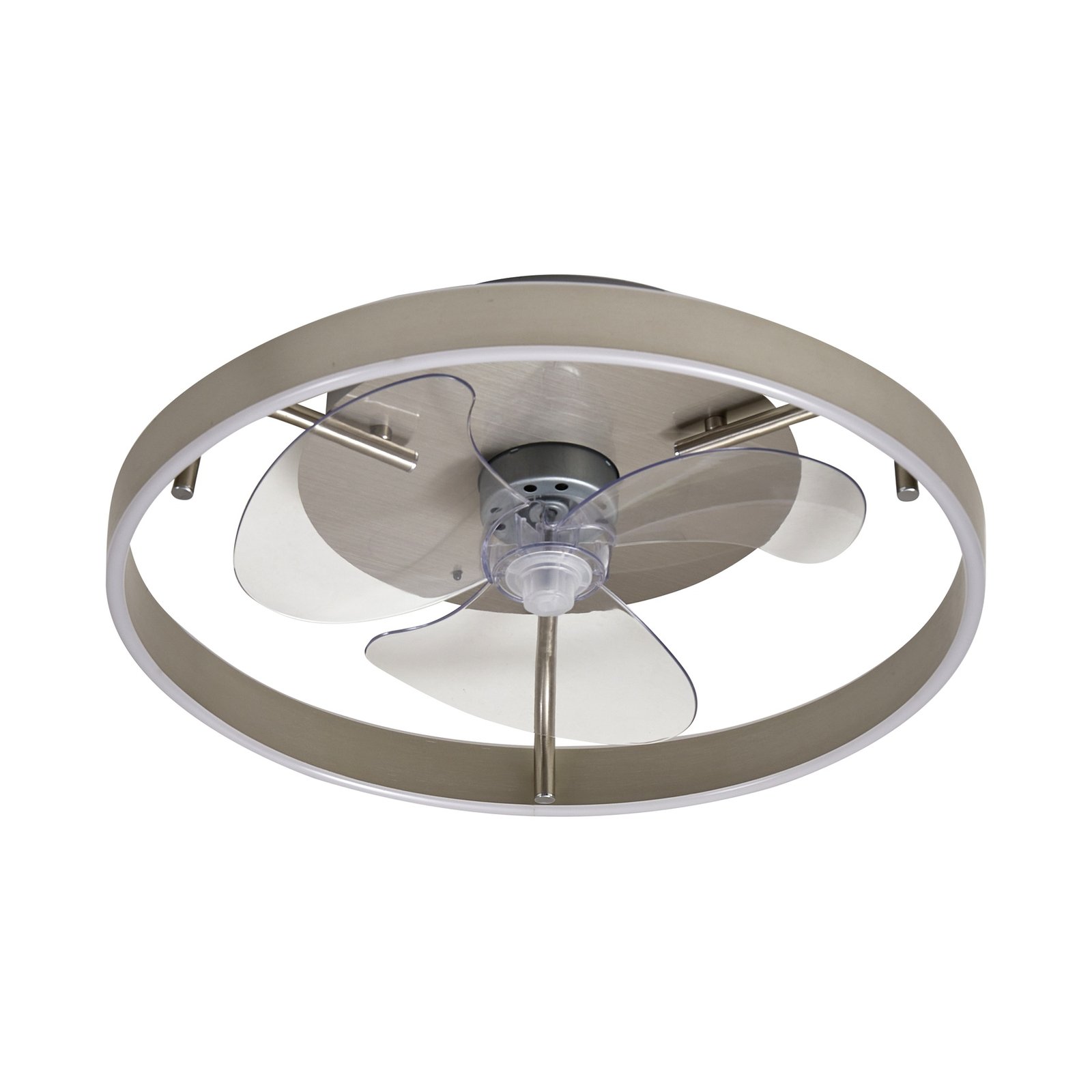 Lindby LED griestu ventilators Momitu, sudraba krāsā, kluss, Ø 14 cm