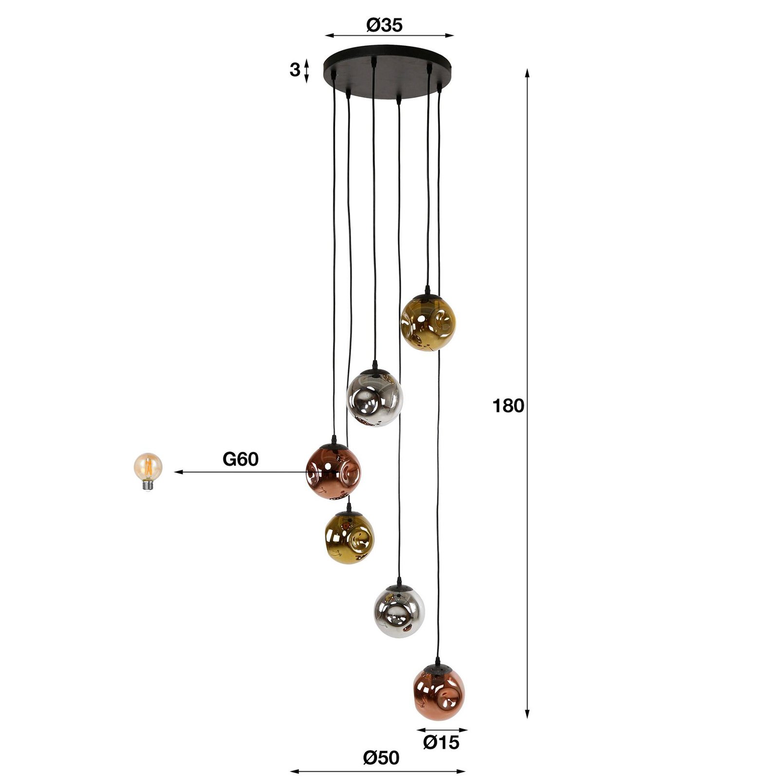 Hängelampe Stellar, gold/silber/kupfer, Ø 50 cm, Glas 6-flg.