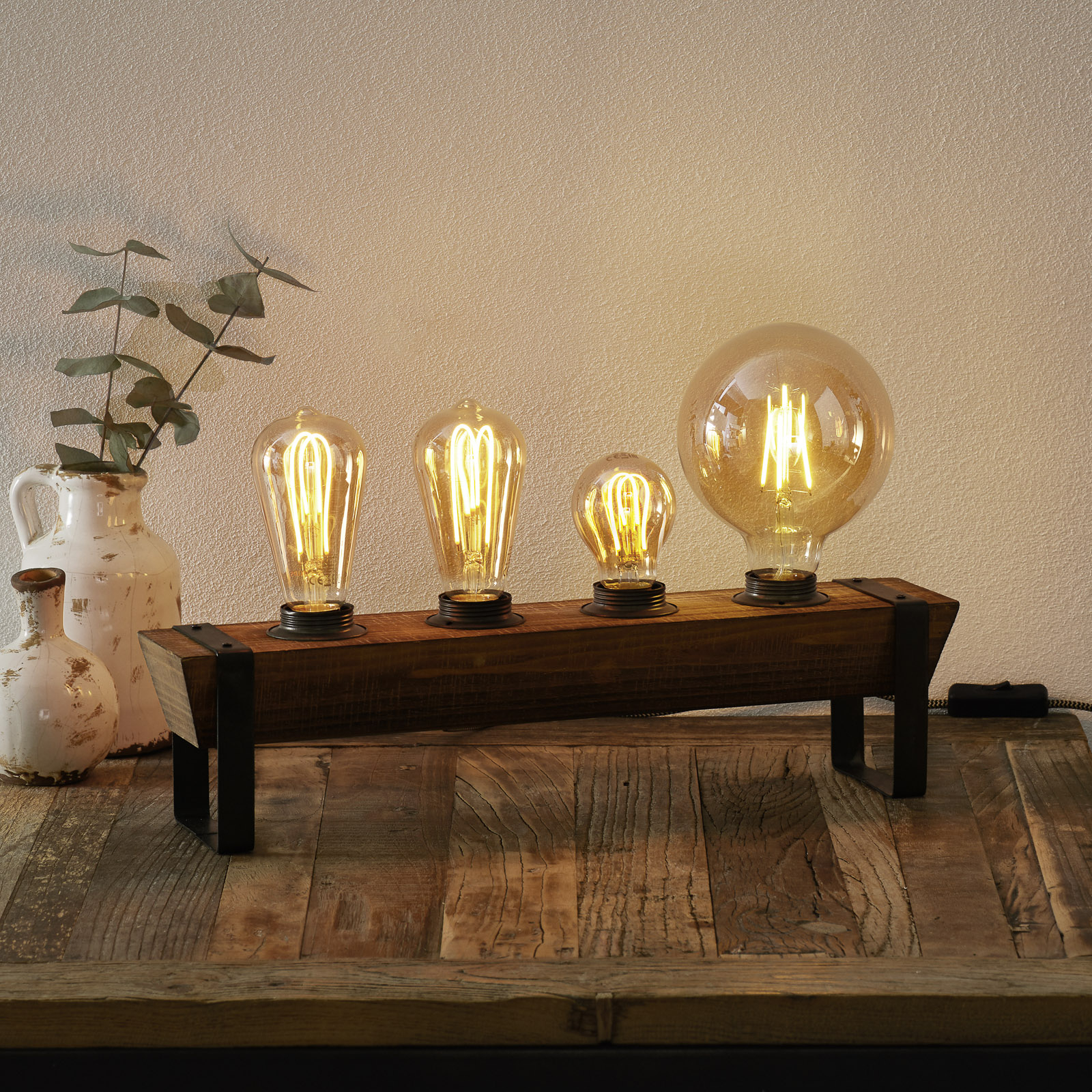 Freelight Legno table lamp made of wood, four-bulb, for Living / Dining Room, metal, wood, E27, 40 W, energy efficiency: A++, L: 46 cm, W: 8 cm, H: 13 cm