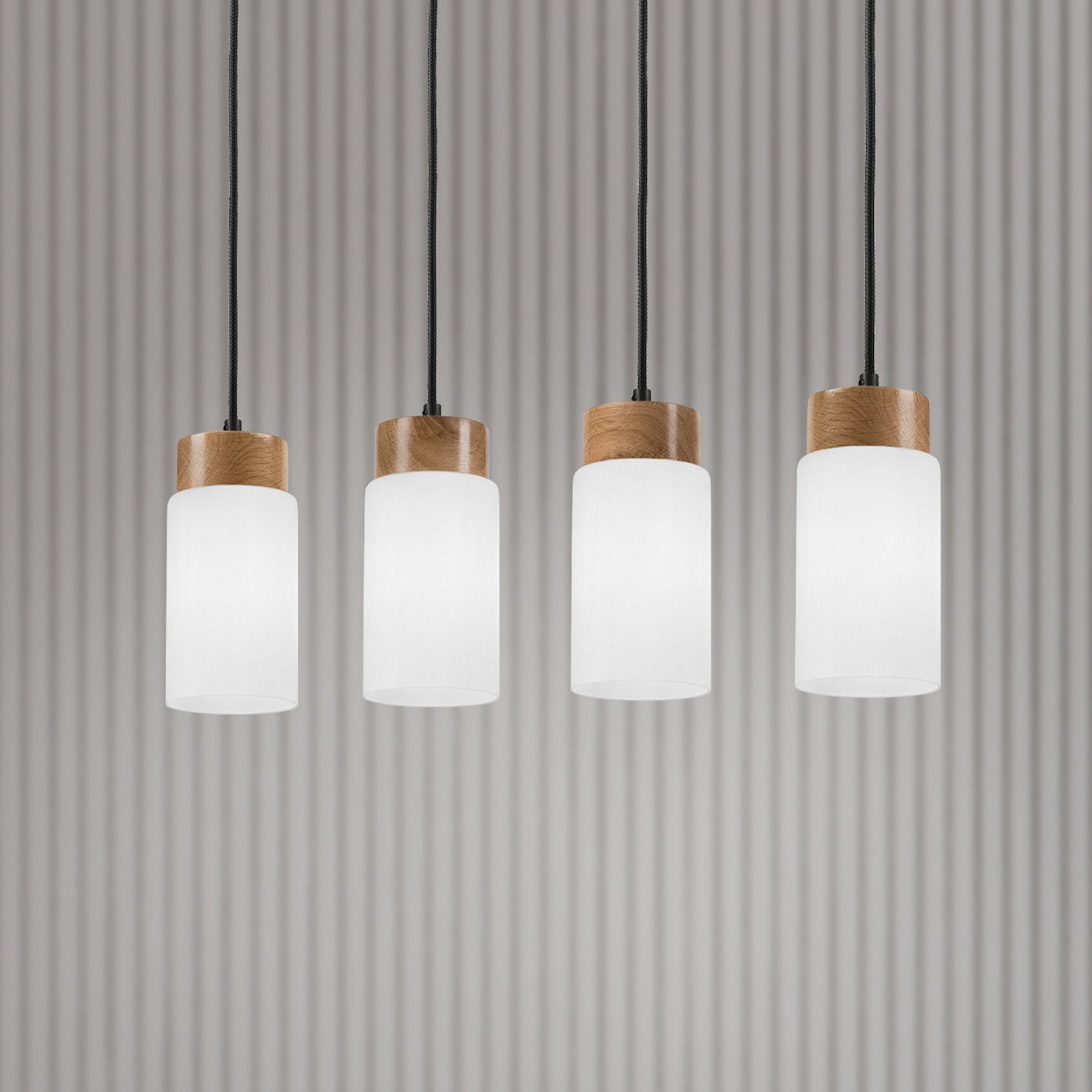 Lamkur Lighting Lampă suspendată Markus sticlă opală/lemn de stejar lungime 80 cm 4 becuri. - Camera de zi / sufragerie - Scandinavă - alb opal stejar negru