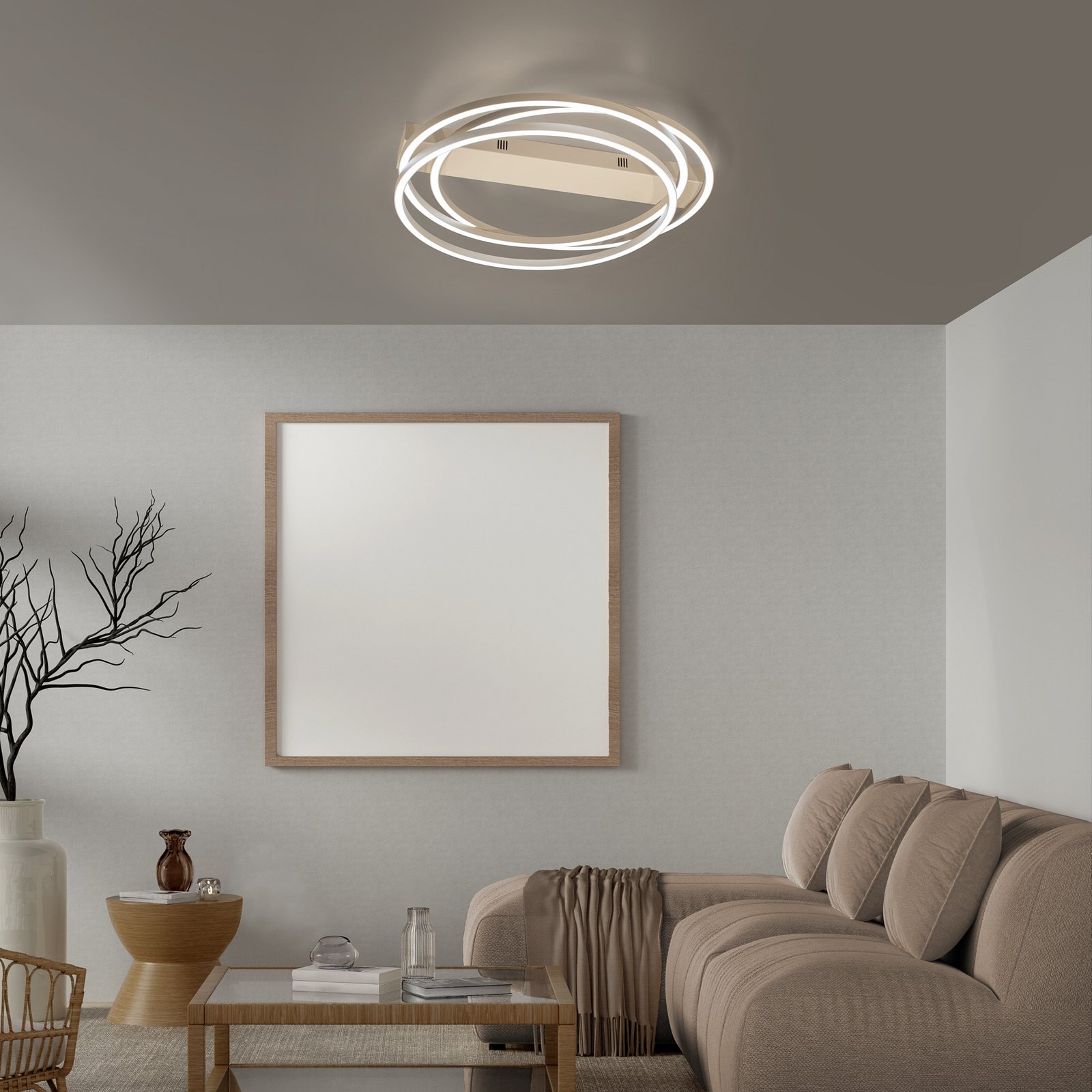 LED stropna svetilka Kiku, Ø 56 cm, peščena barva, kovina, CCT