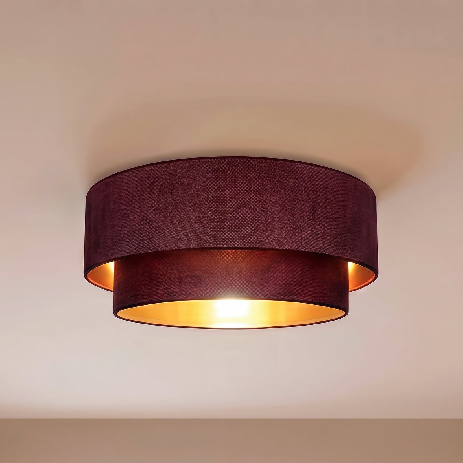 Boho-taklampa, mörkröd/guld, Ø60 cm, textil, E27 – Duolla - Hall - Ung livsstil - Tyg / textil - Plafond