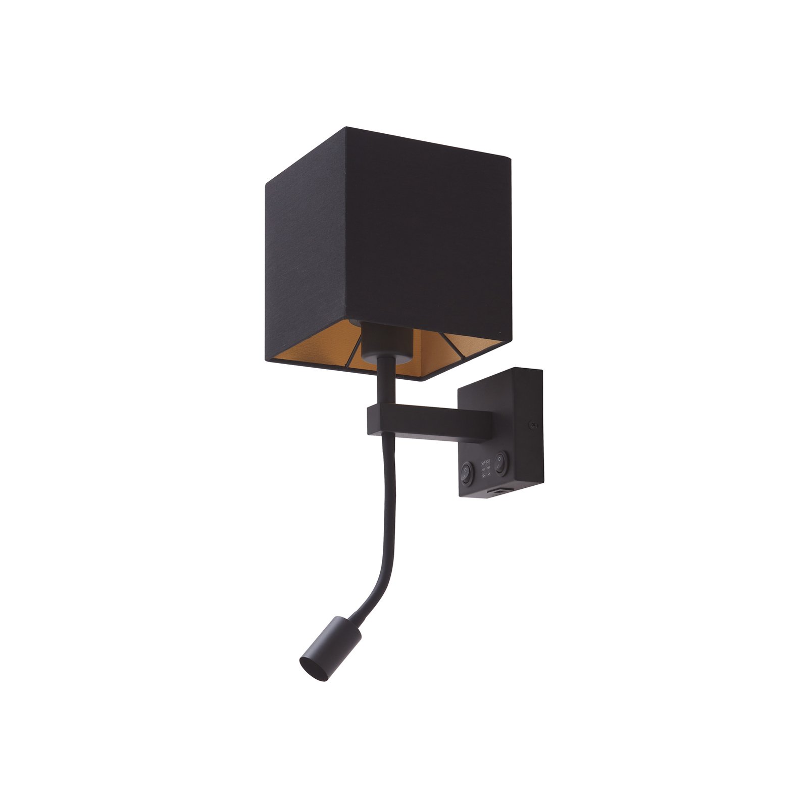 Lindby Wandlampe Thorid, schwarz/gold, Stoff, USB, Leselampe