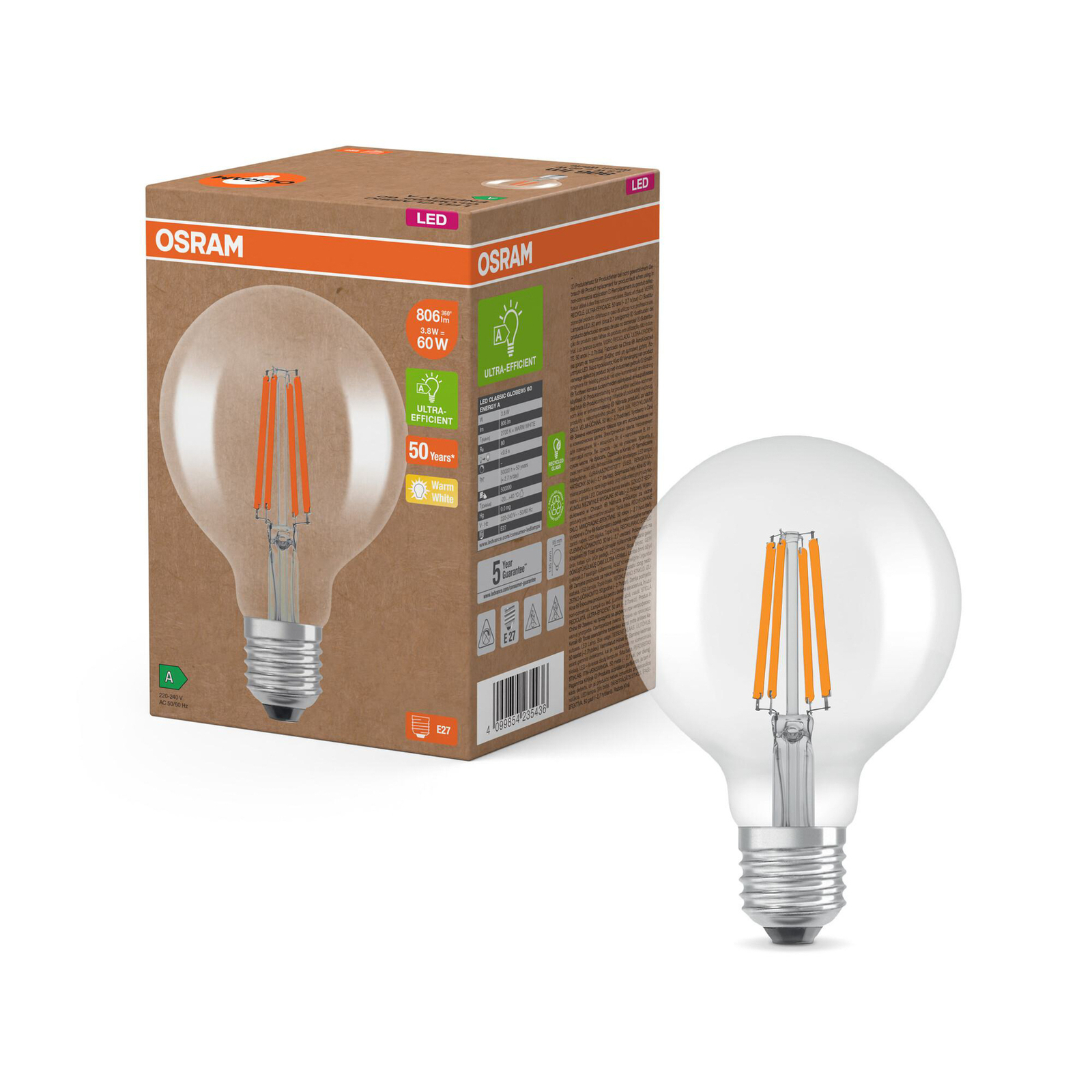 OSRAM LED lemputė Globe G95 E27 3,8W su siūlu 2 700K