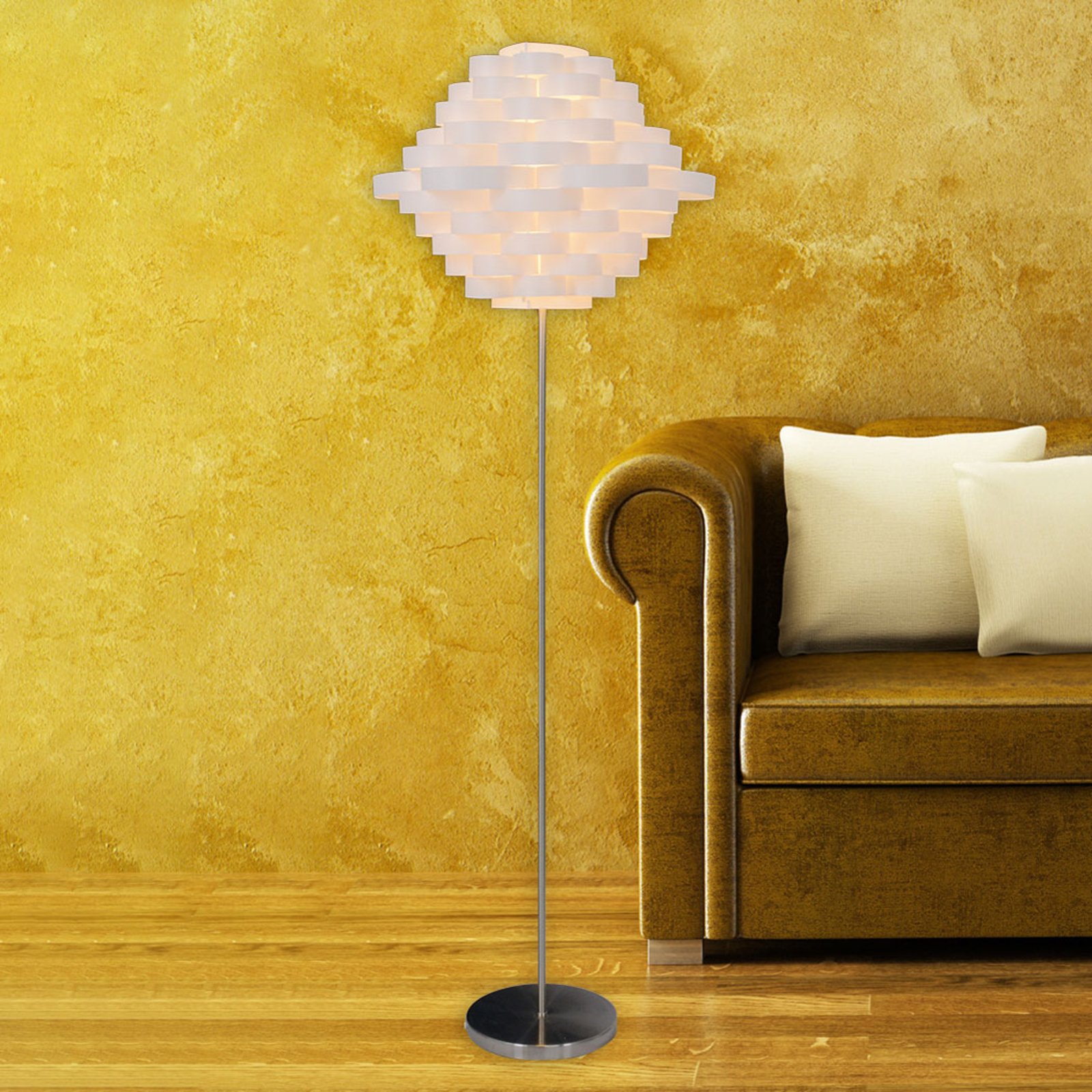 White floor lamp with lampshade of circular discs