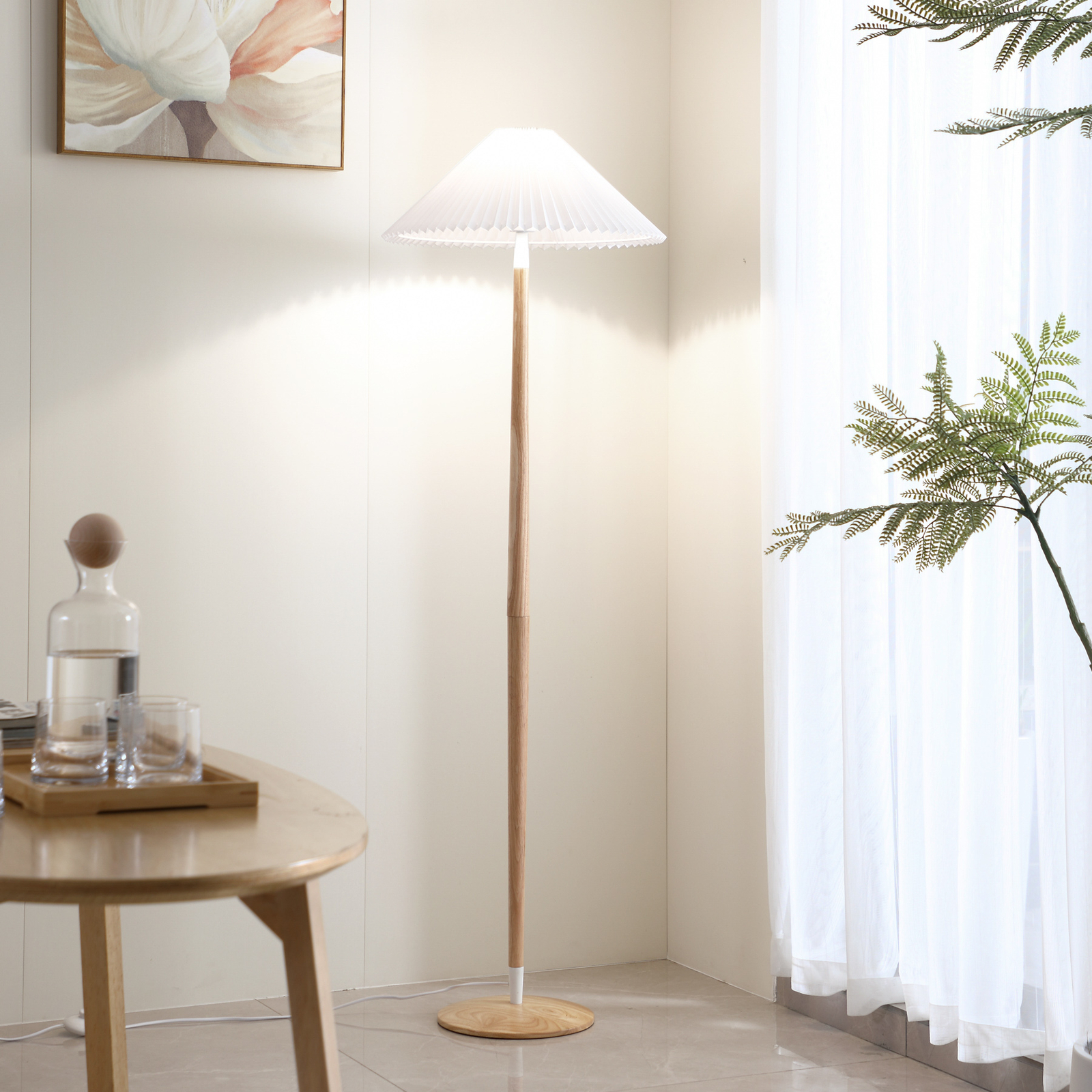 Lucande Ellorin lámpara de pie, blanco, madera, Ø 47,5 cm, E27
