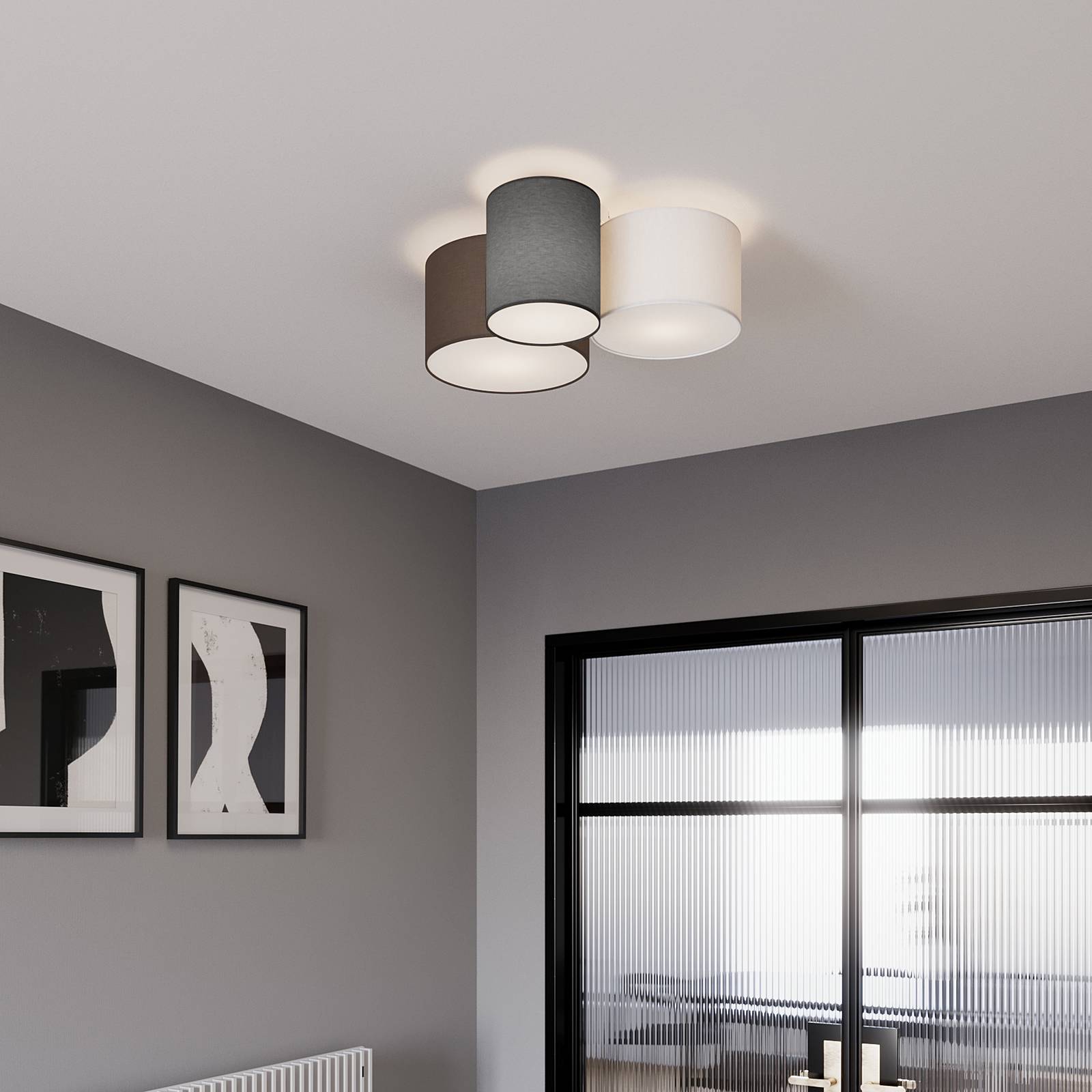 Lindby plafondlamp Laurenz, 3-lamps, grijs/bruin, textiel