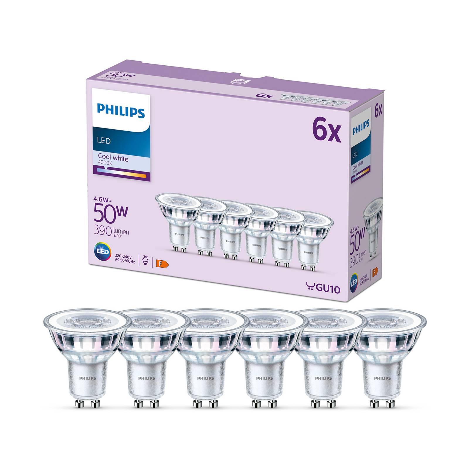 Philips LED-Lampe GU10 4,6W 390lm 840 klar 36° 6er