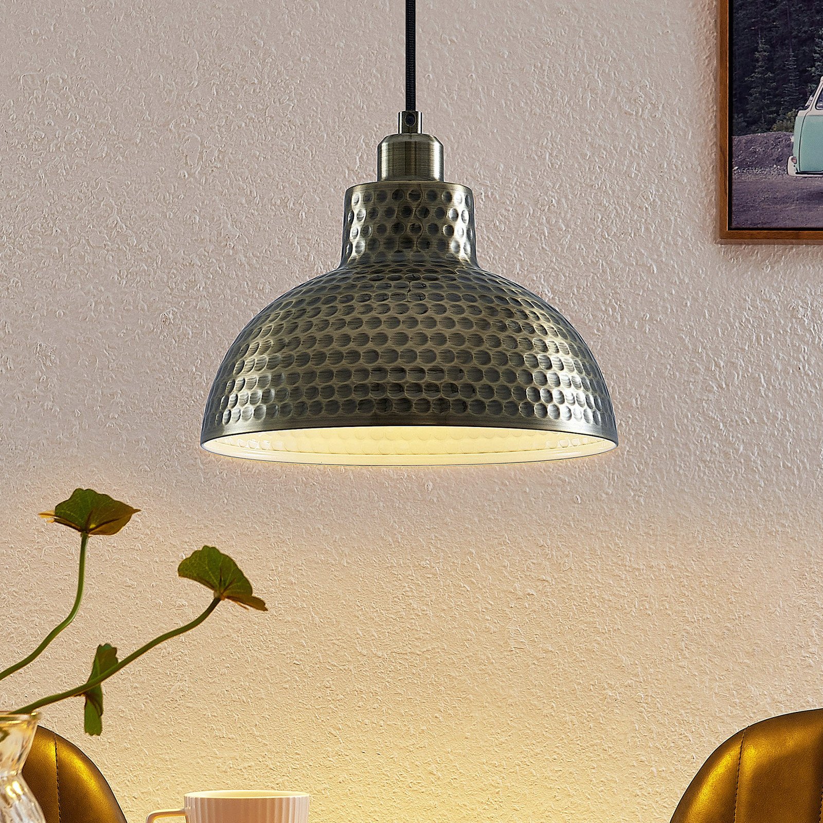Lampă suspendată Lindby Zelotta 1 bec alamă antică - Camera de zi / sufragerie - Vintage - alamă antică alb - Metal