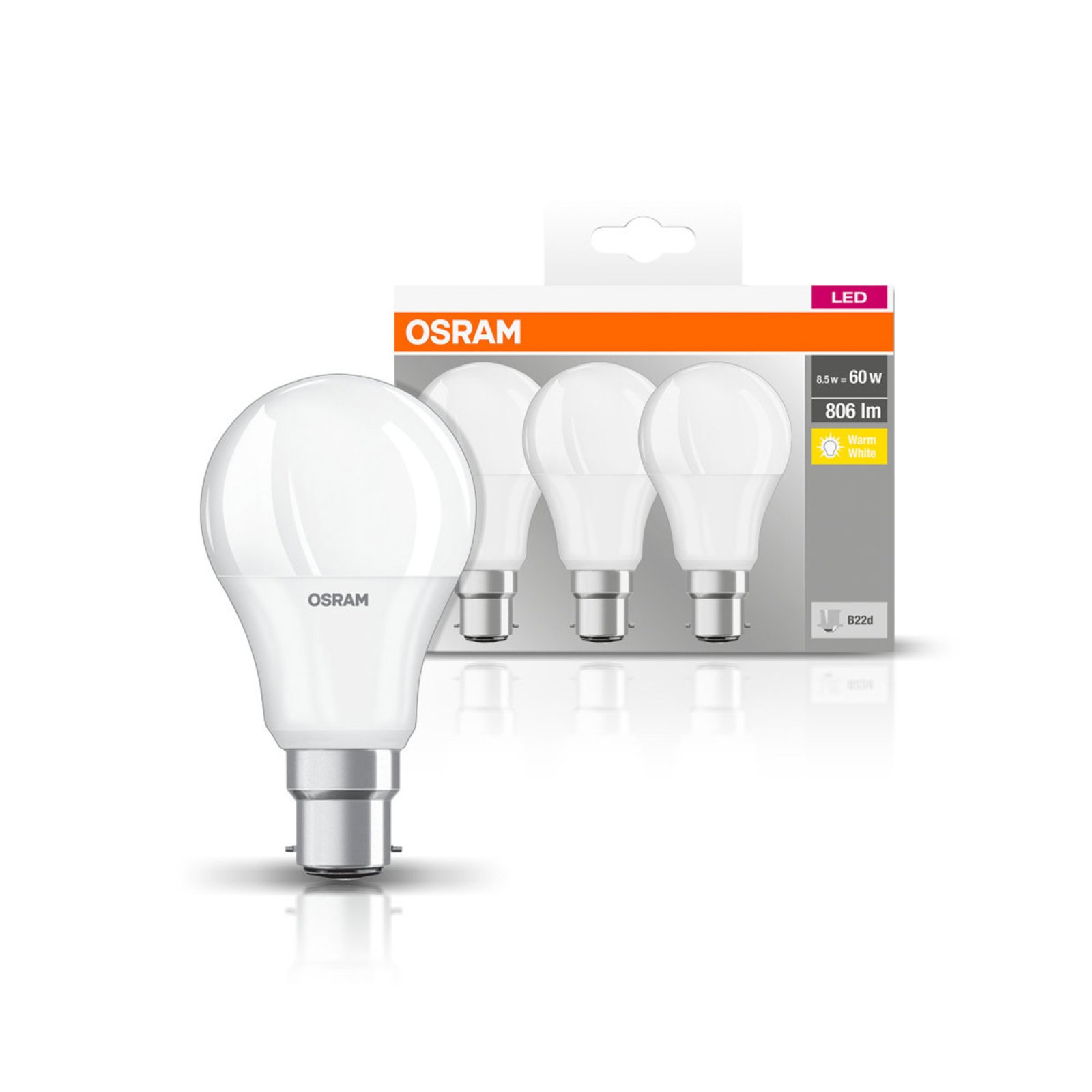 OSRAM LED-Lampe Classic B22d 8,5W 2.700K 806lm 3er