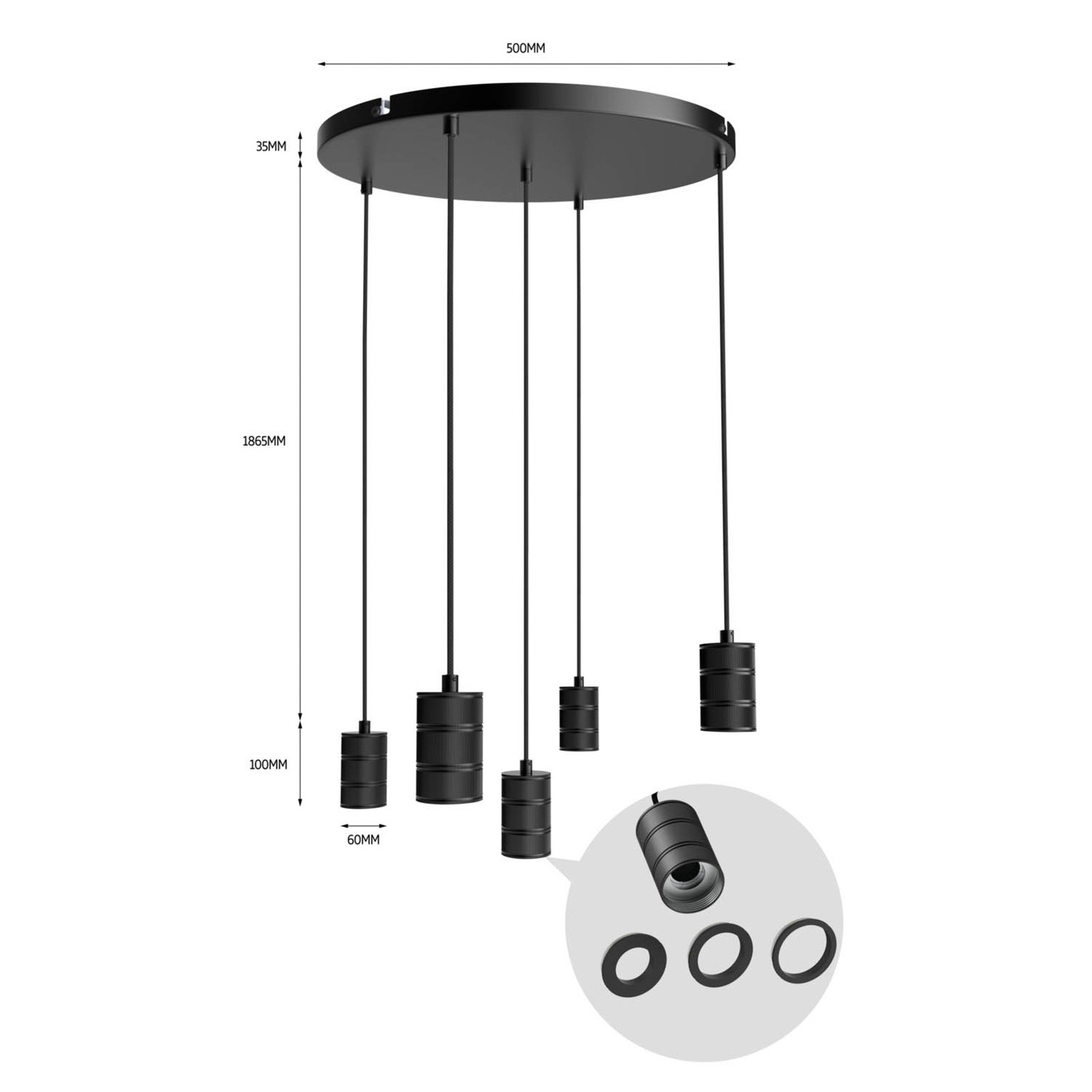 Calex Retro suspension, ronde, 5 lampes, noire