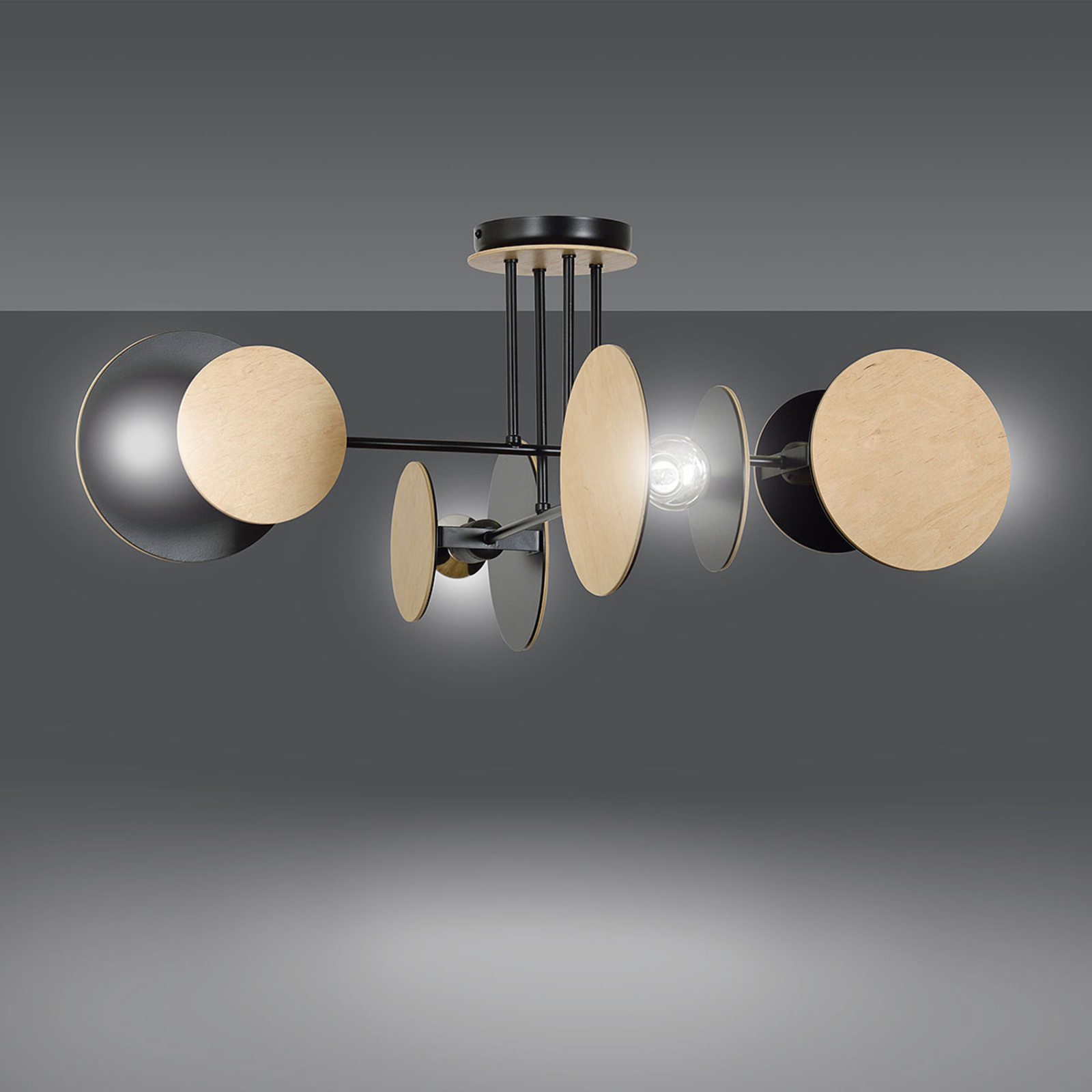 EMIBIG LIGHTING Zita 4 ceiling light in black, wooden decoration, for Living / Dining Room, steel, wood, E27, 60 W, energy efficiency: A++, H: 36 cm