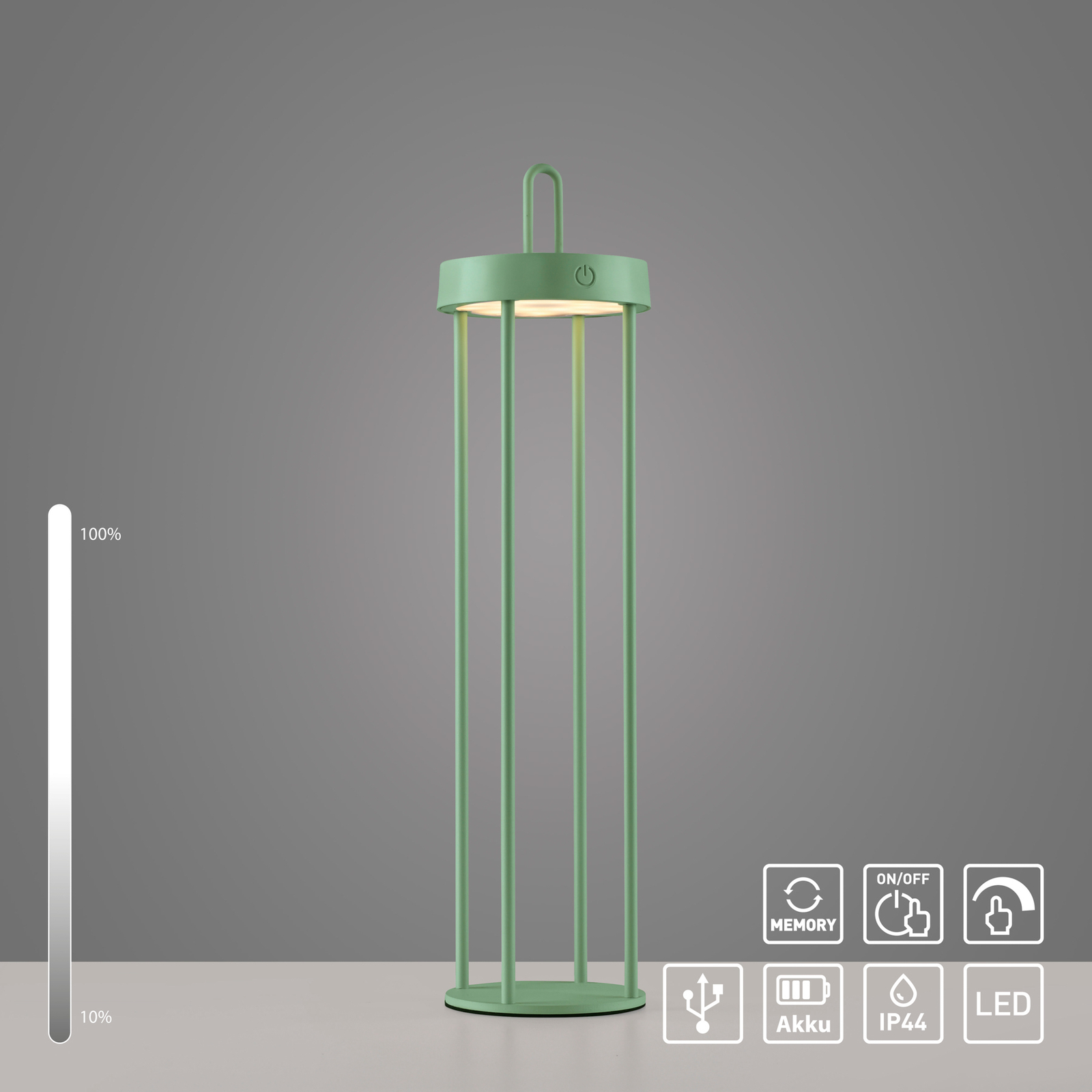 JUST LIGHT. Candeeiro de mesa recarregável Anselm LED, verde, 50 cm, ferro