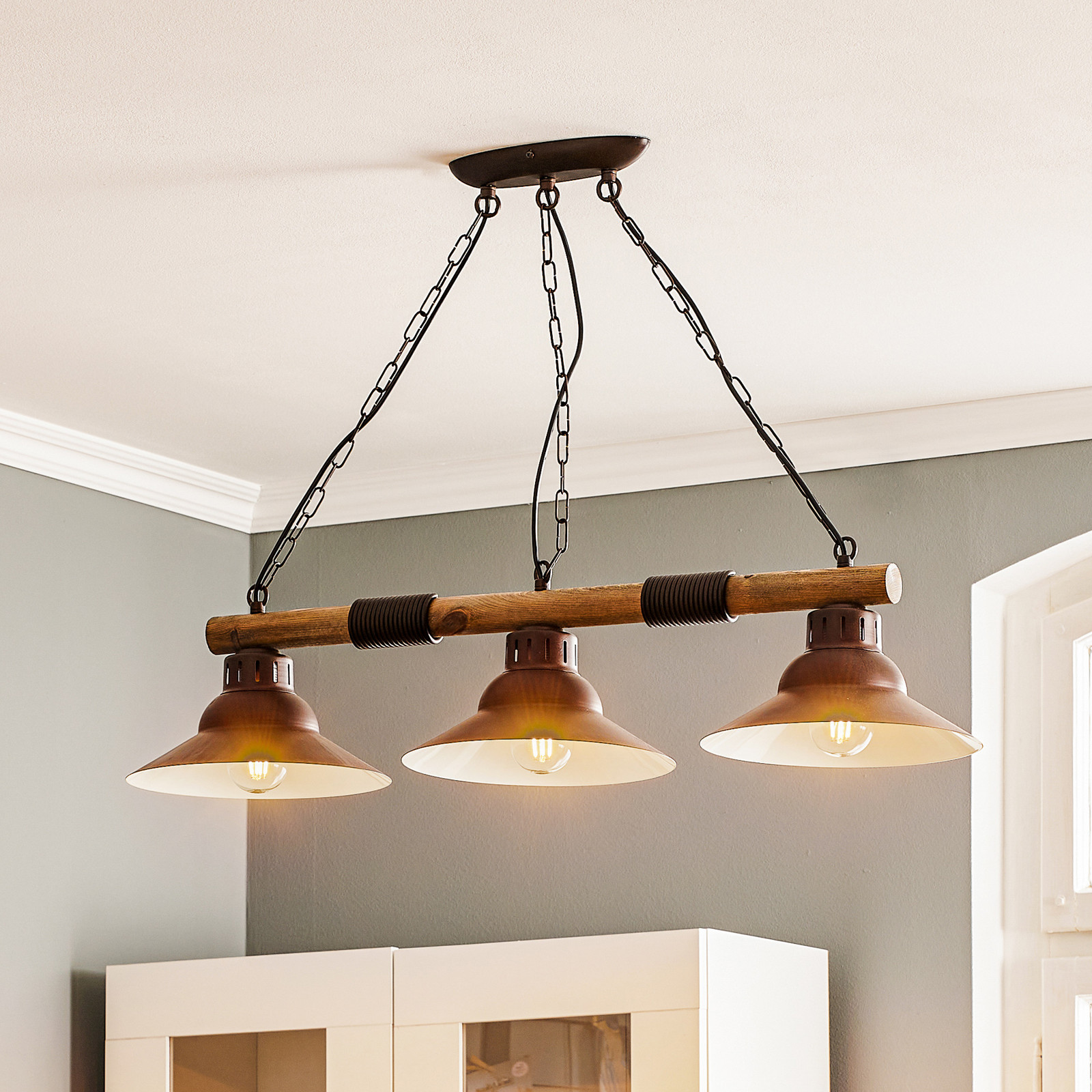 Luminex Lampă suspendată West cu abajururi din cupru 3 becuri - Camera de zi / sufragerie - Casă de țară / Rustic - cupru lemn deschis